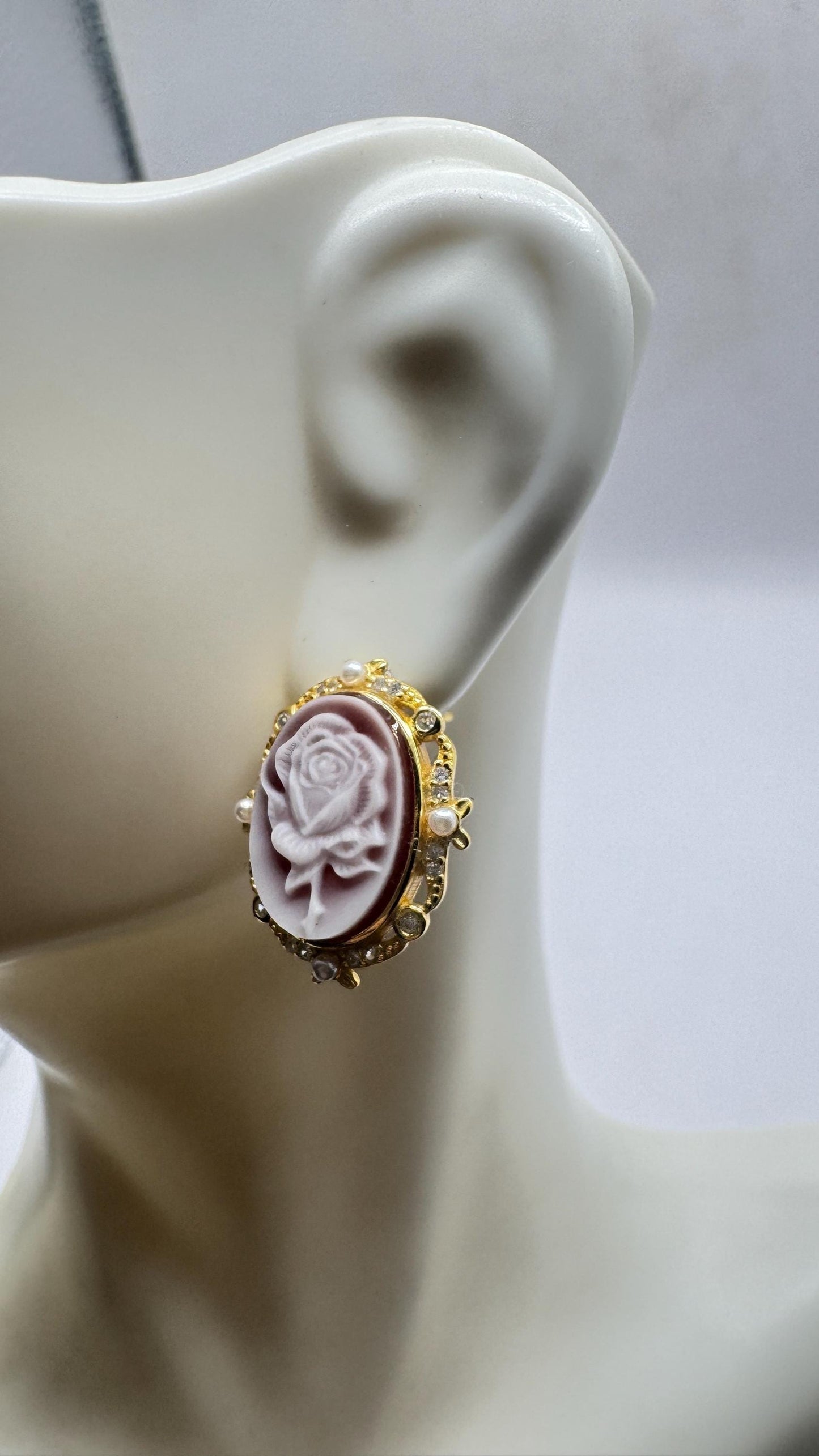 Vintage Rose Cameo Gold 925 Sterling Silver Earrings