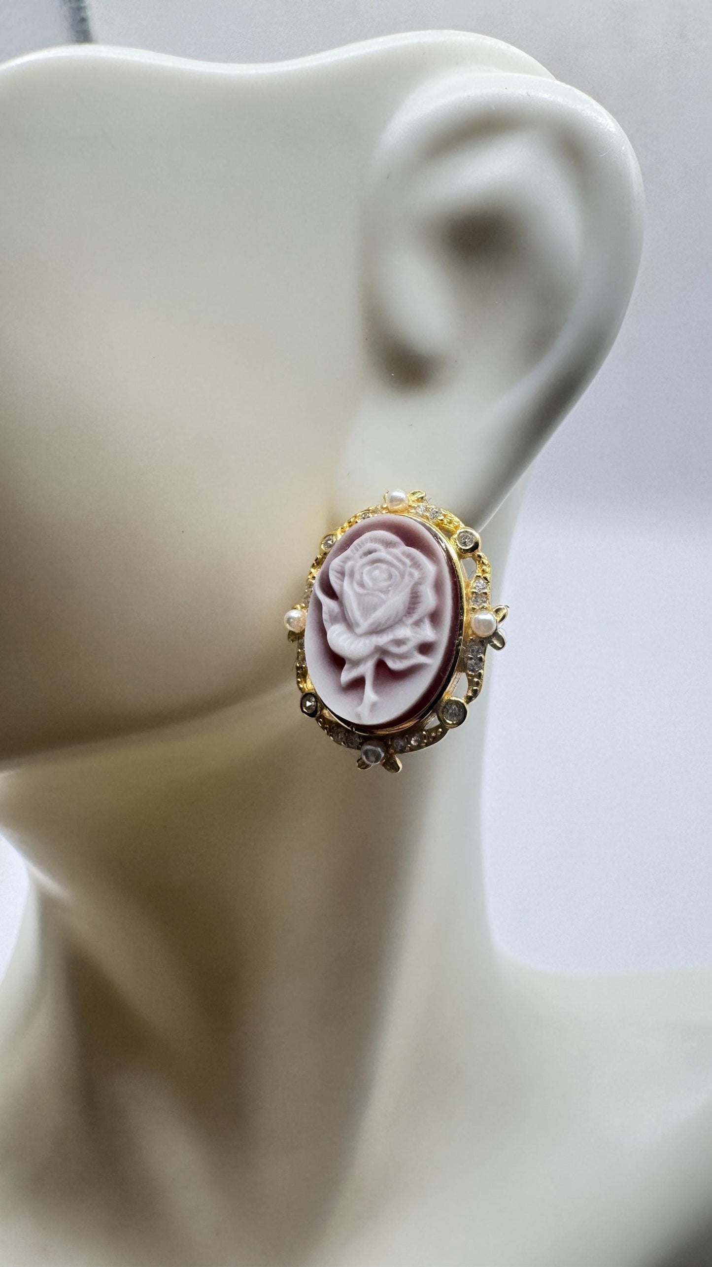 Vintage Rose Cameo Gold 925 Sterling Silver Earrings