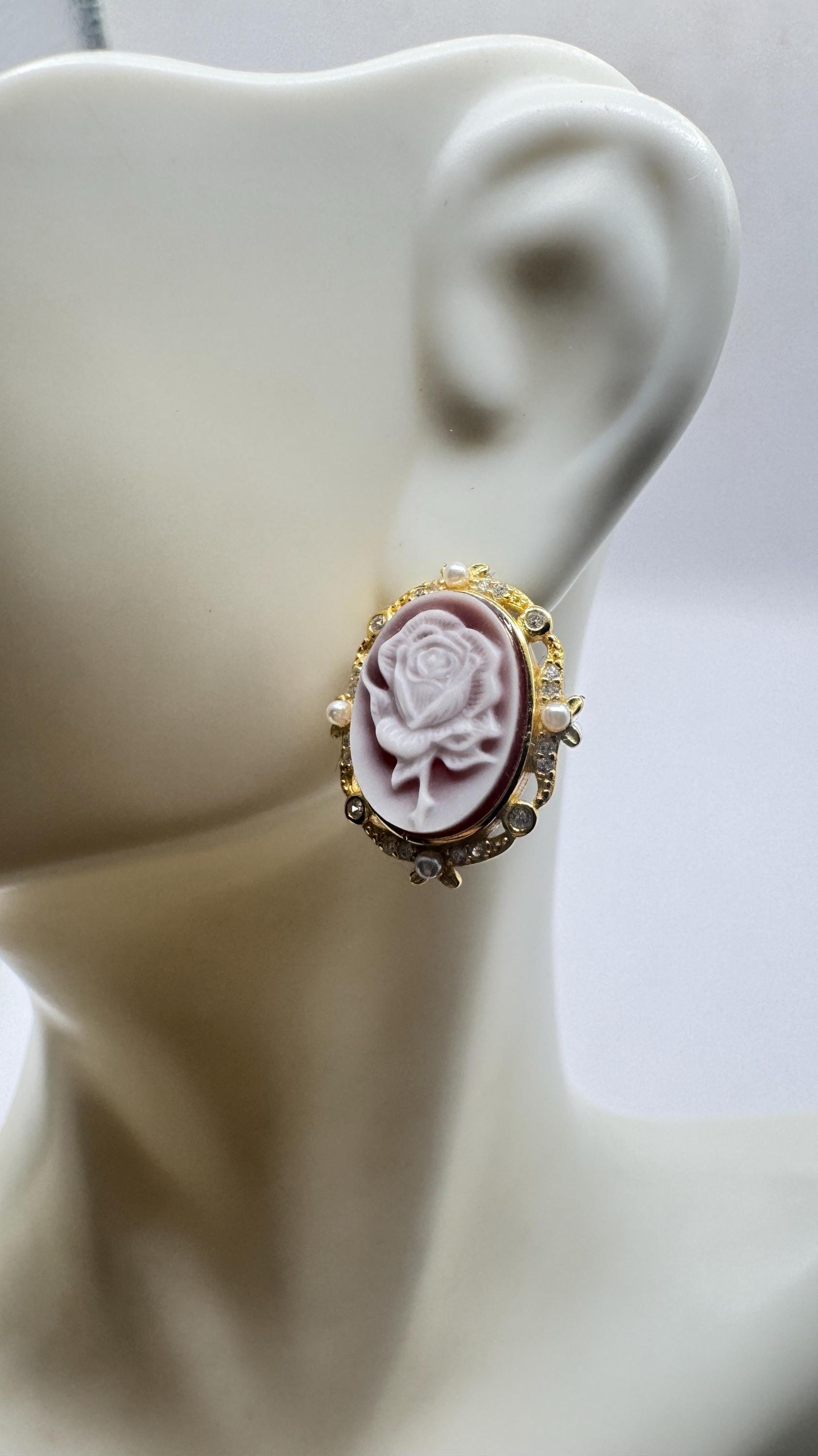 Vintage Rose Cameo Gold 925 Sterling Silver Earrings
