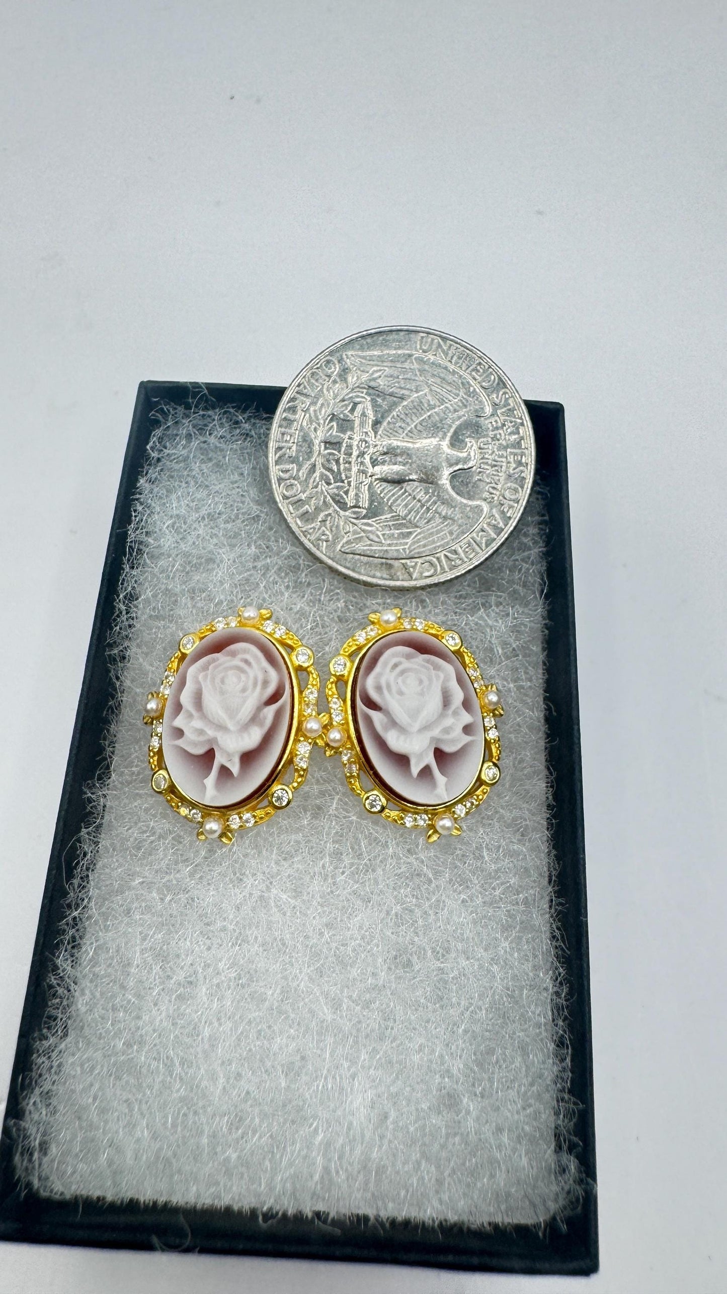 Vintage Rose Cameo Gold 925 Sterling Silver Earrings
