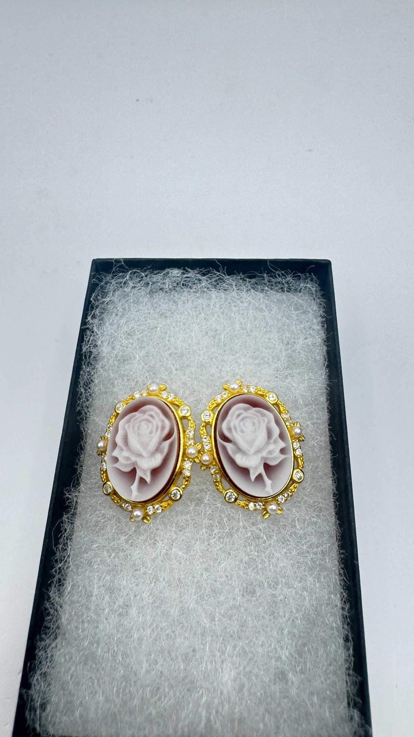 Vintage Rose Cameo Gold 925 Sterling Silver Earrings