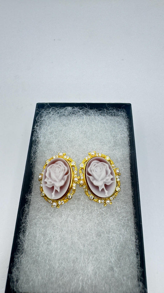 Vintage Rose Cameo Gold 925 Sterling Silver Earrings
