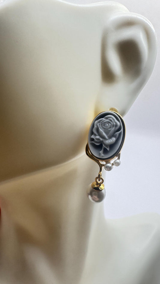 Vintage Rose Cameo Yellow Gold 925 Sterling Silver Earrings