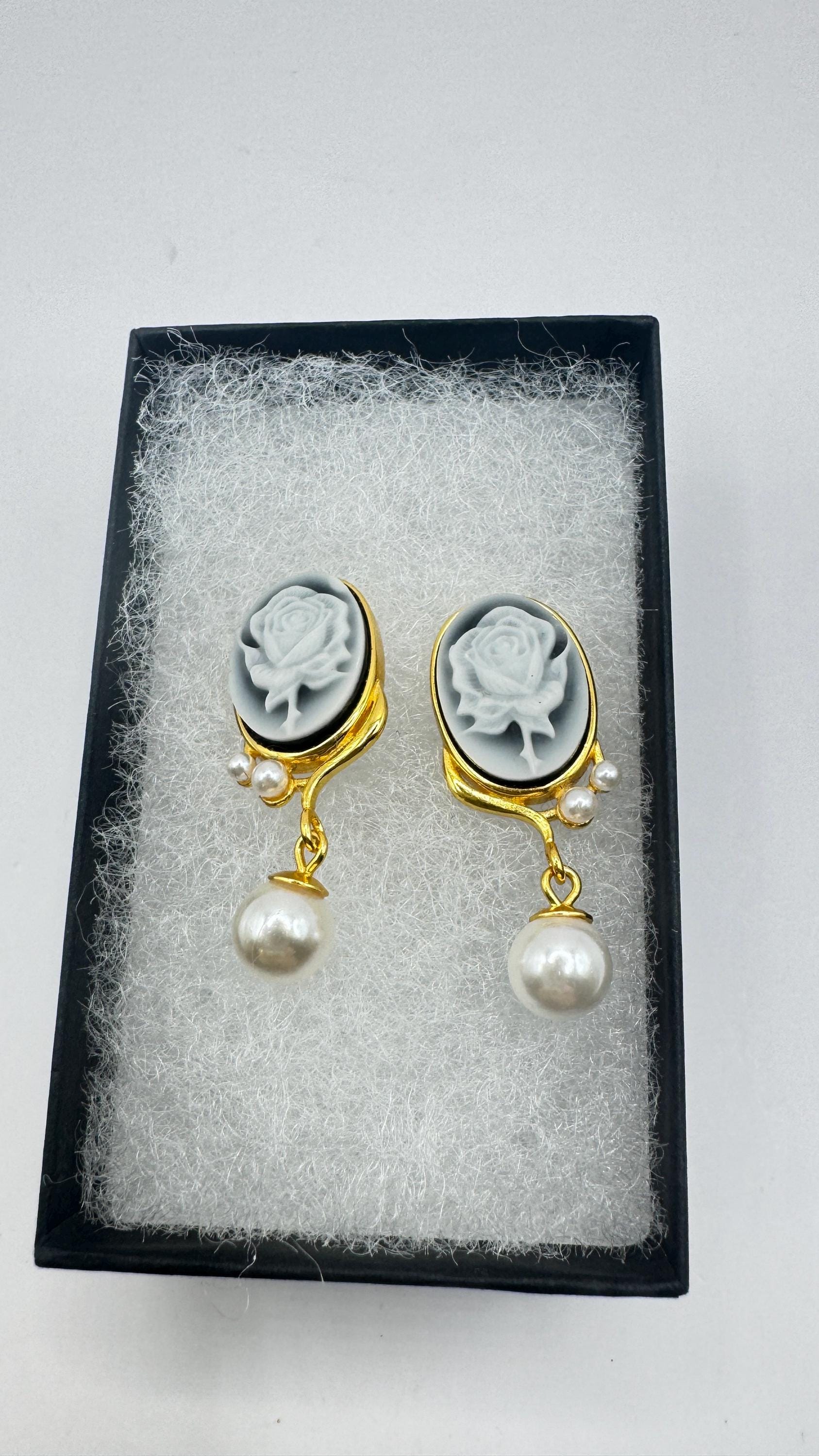 Vintage Rose Cameo Yellow Gold 925 Sterling Silver Earrings