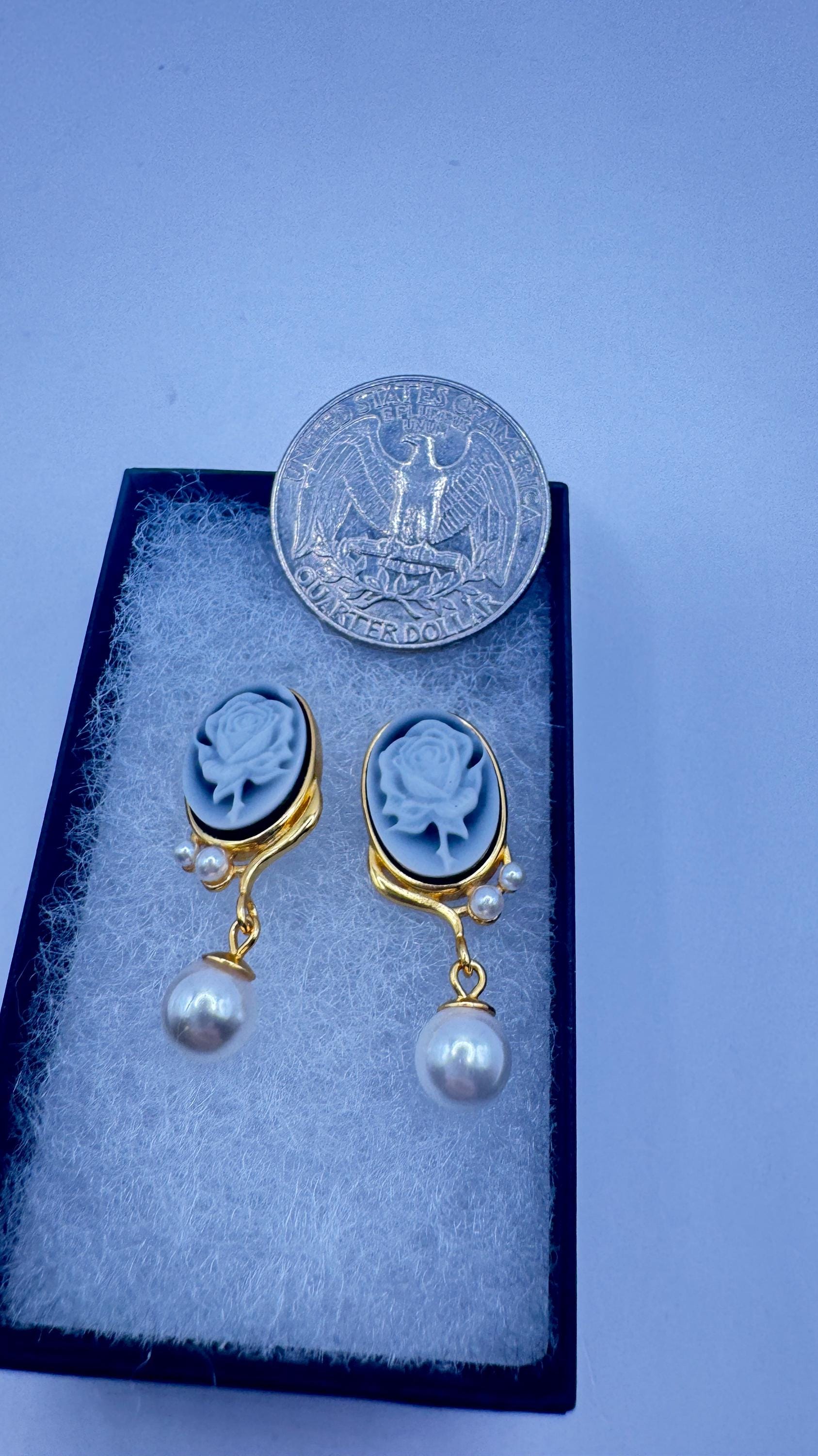Vintage Rose Cameo Yellow Gold 925 Sterling Silver Earrings