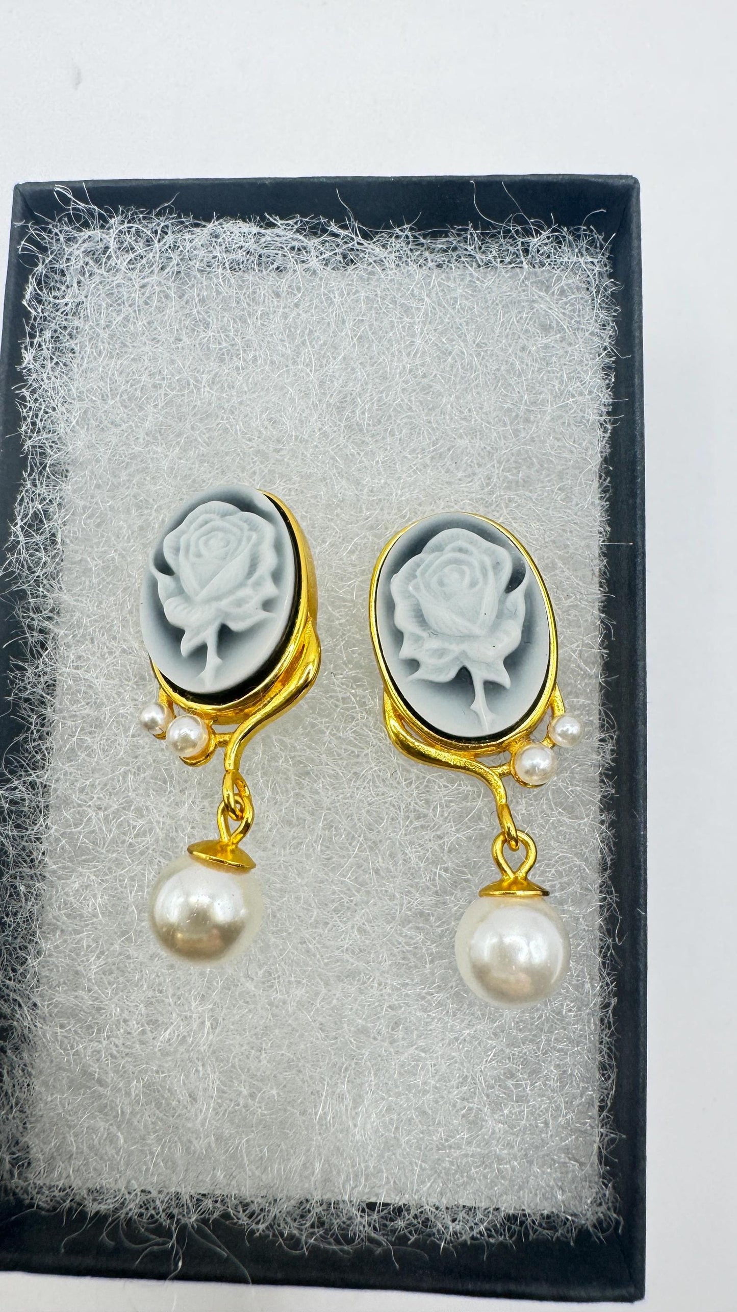 Vintage Rose Cameo Yellow Gold 925 Sterling Silver Earrings