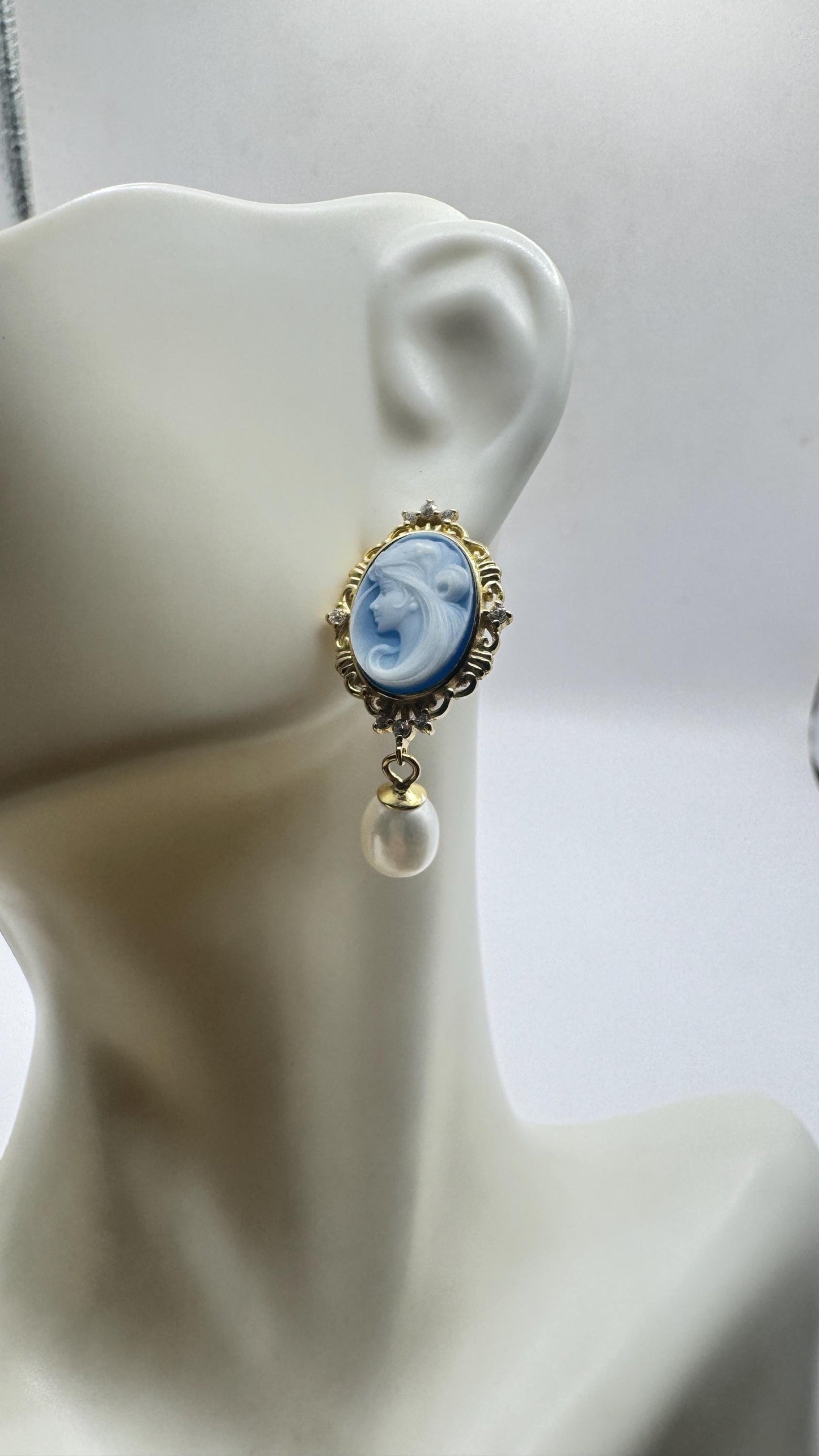 Vintage Blue Onyx Cameo Yellow Gold 925 Sterling Silver Earrings