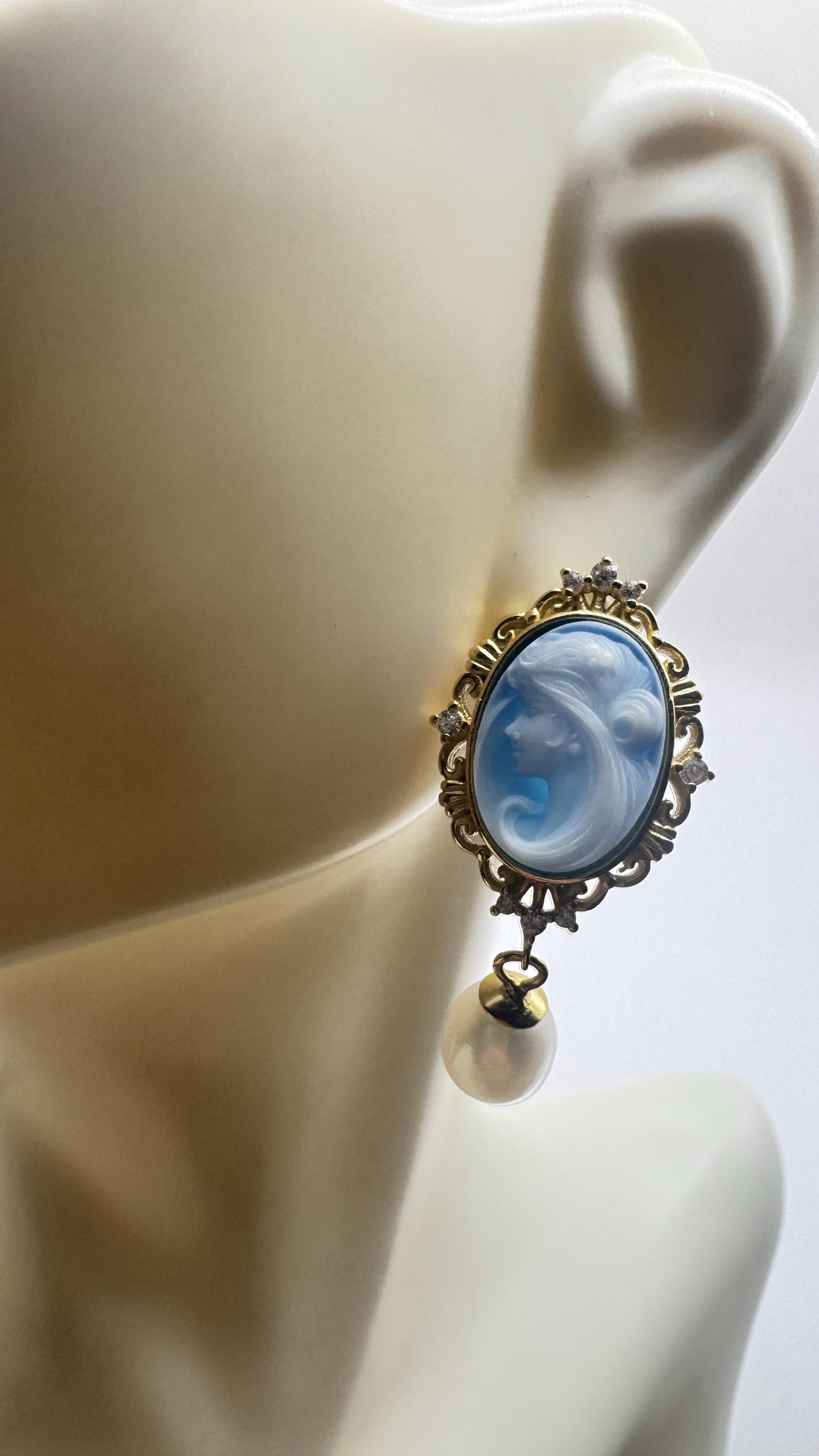 Vintage Blue Onyx Cameo Yellow Gold 925 Sterling Silver Earrings