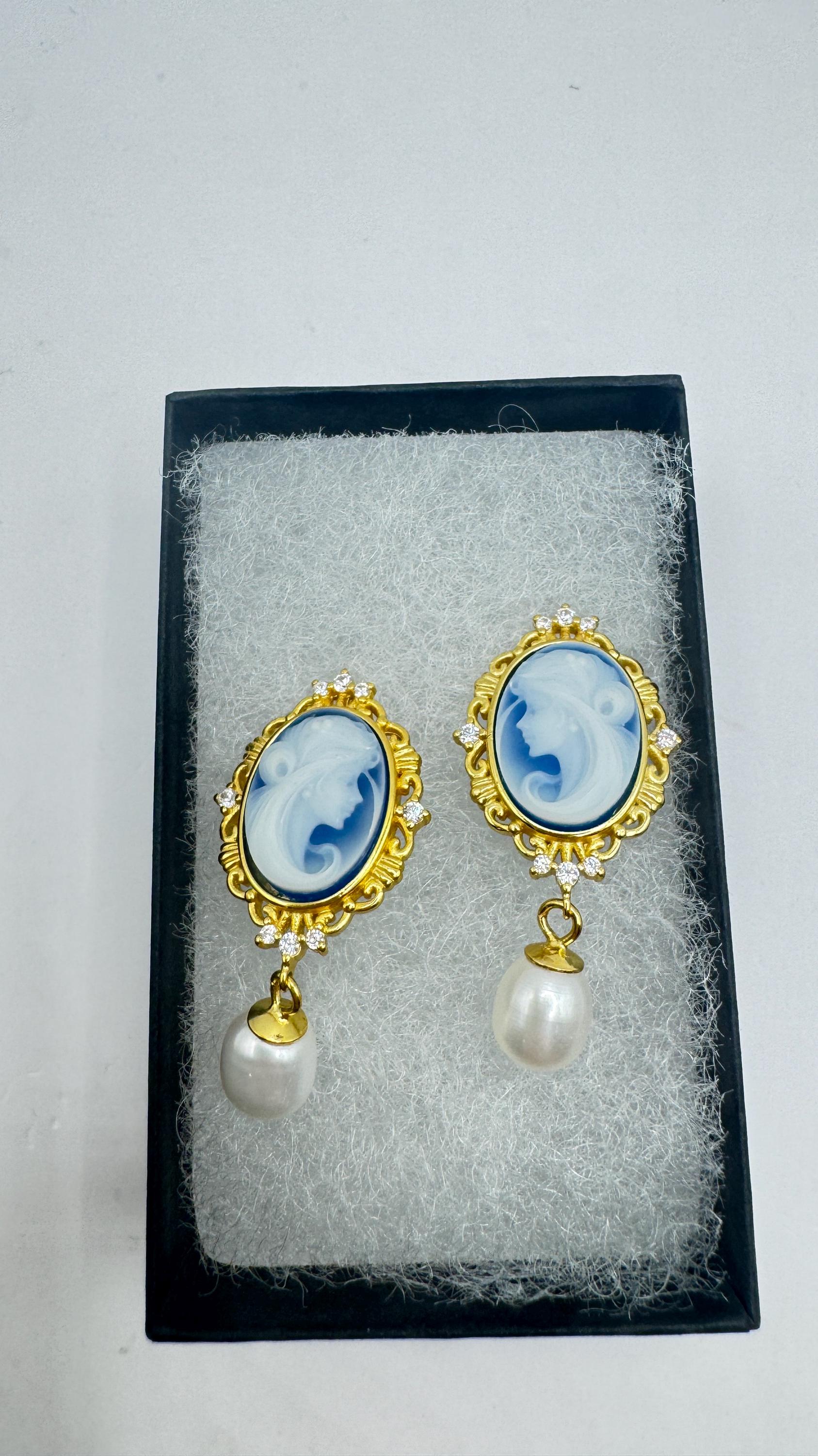 Vintage Blue Onyx Cameo Yellow Gold 925 Sterling Silver Earrings