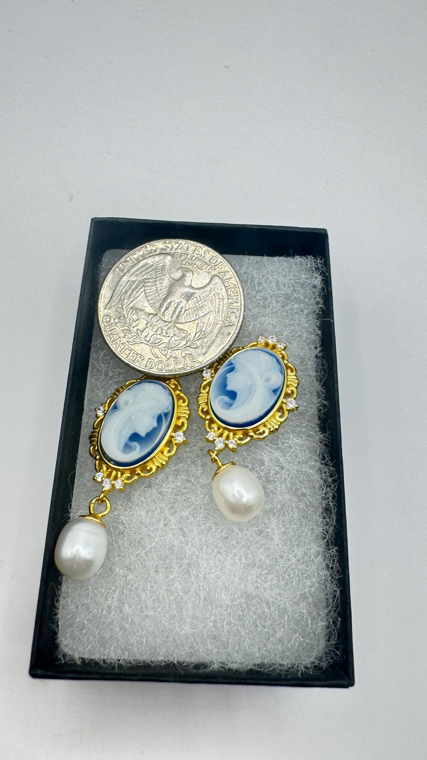 Vintage Blue Onyx Cameo Yellow Gold 925 Sterling Silver Earrings