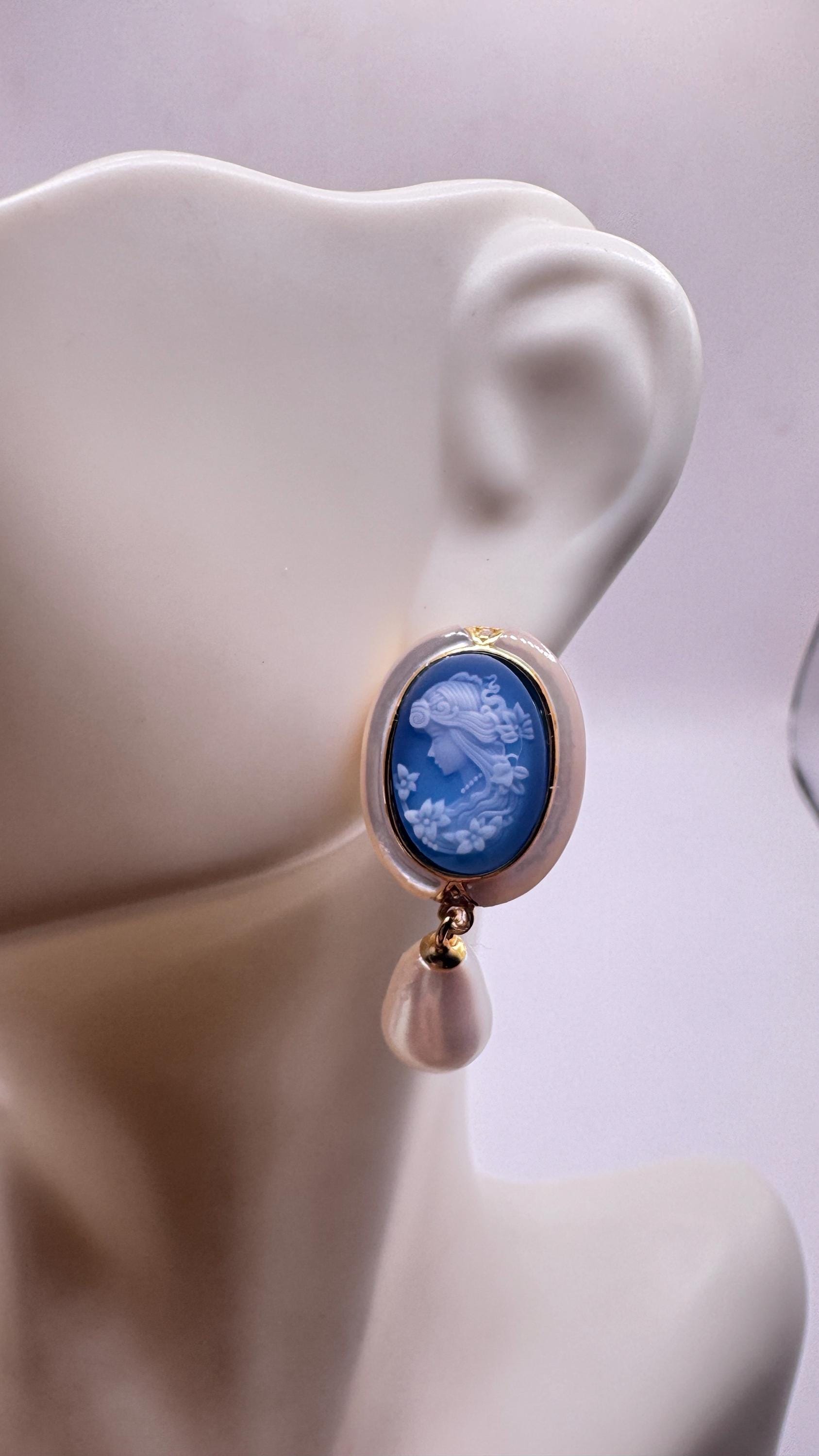 Vintage Blue Onyx Cameo Yellow Gold 925 Sterling Silver Earrings