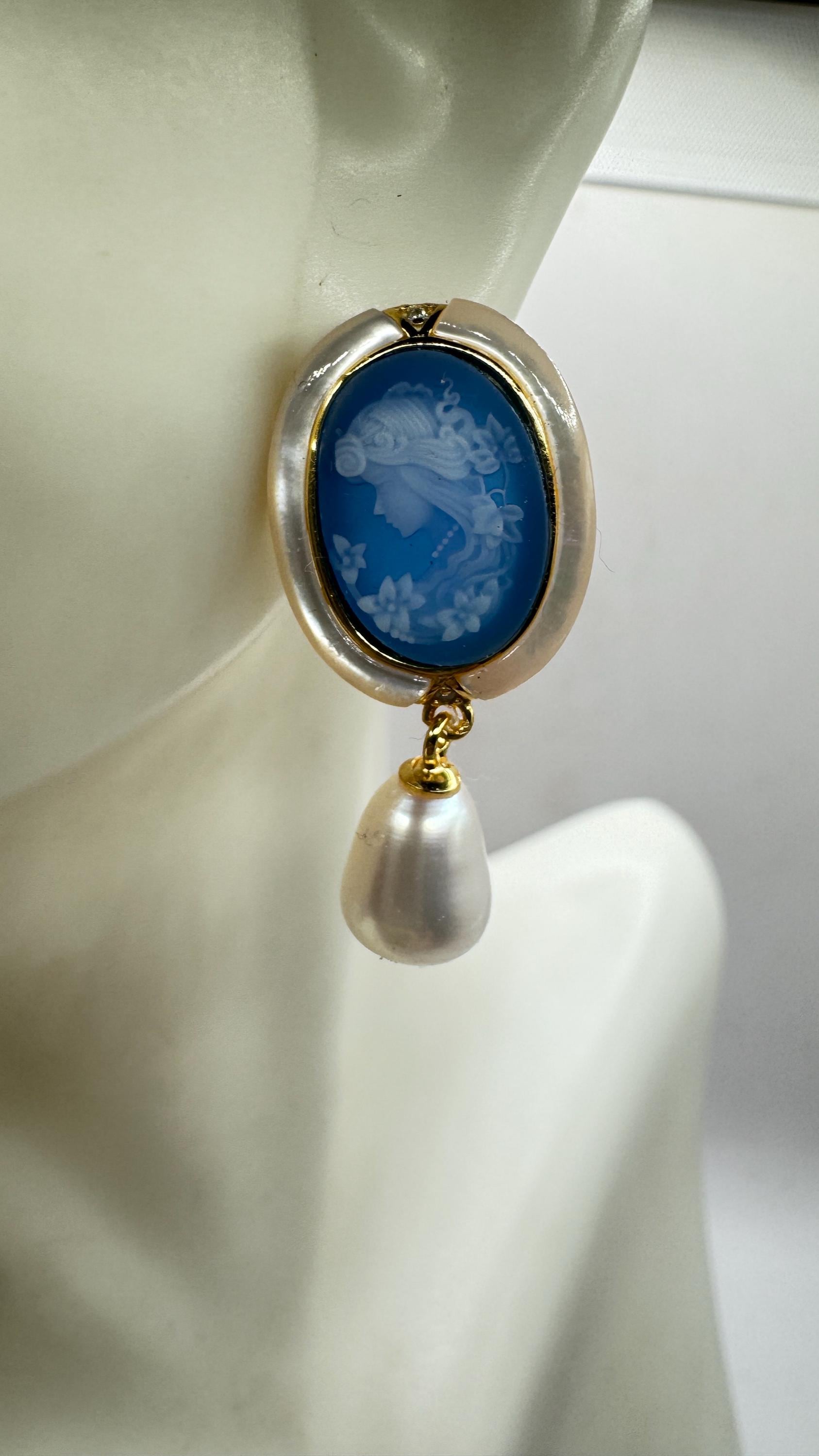 Vintage Blue Onyx Cameo Yellow Gold 925 Sterling Silver Earrings