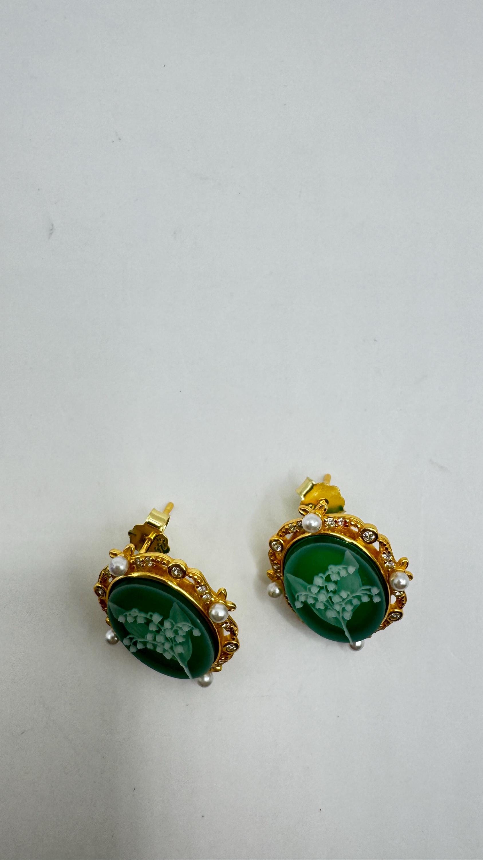Vintage Cameo Yellow Gold 925 Sterling Silver Earrings