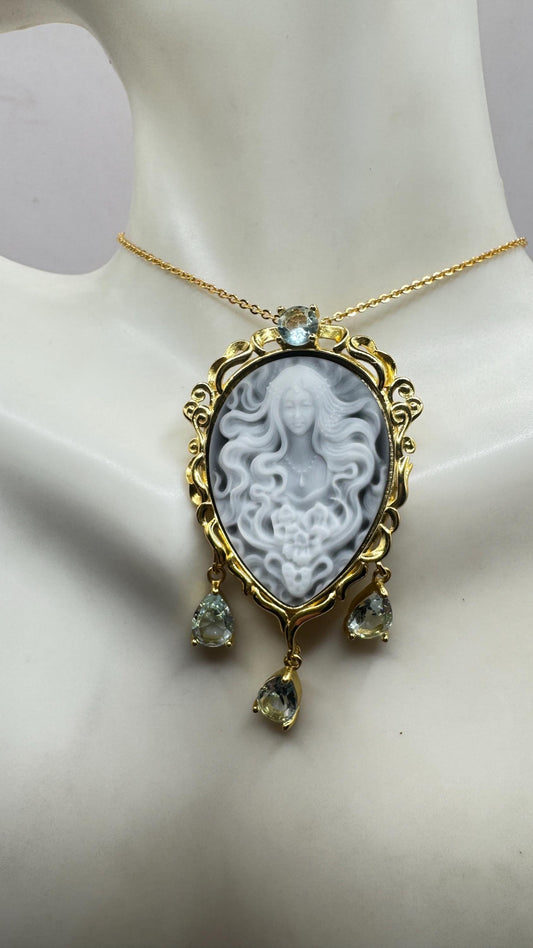 Vintage Moon Goddess Onyx Cameo Gold 925 Sterling Silver Necklace Pin Brooch