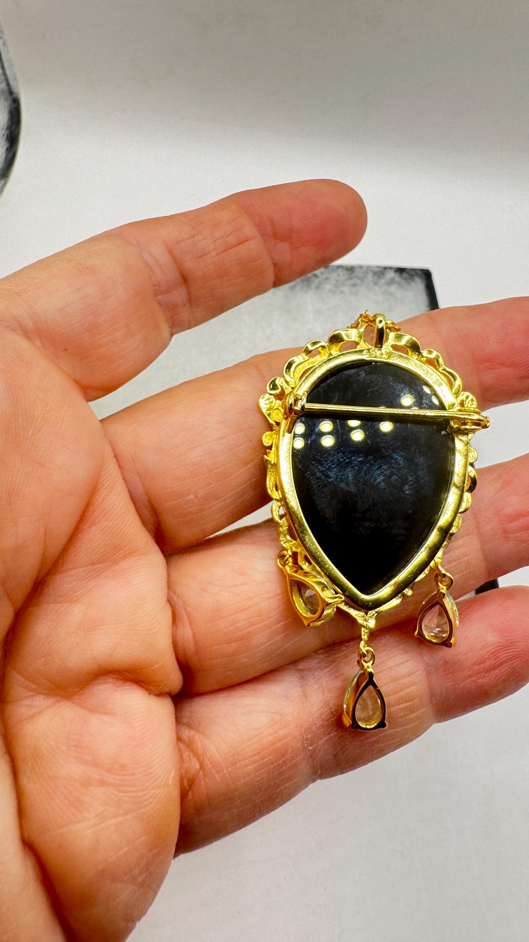 Vintage Moon Goddess Onyx Cameo Gold 925 Sterling Silver Necklace Pin Brooch