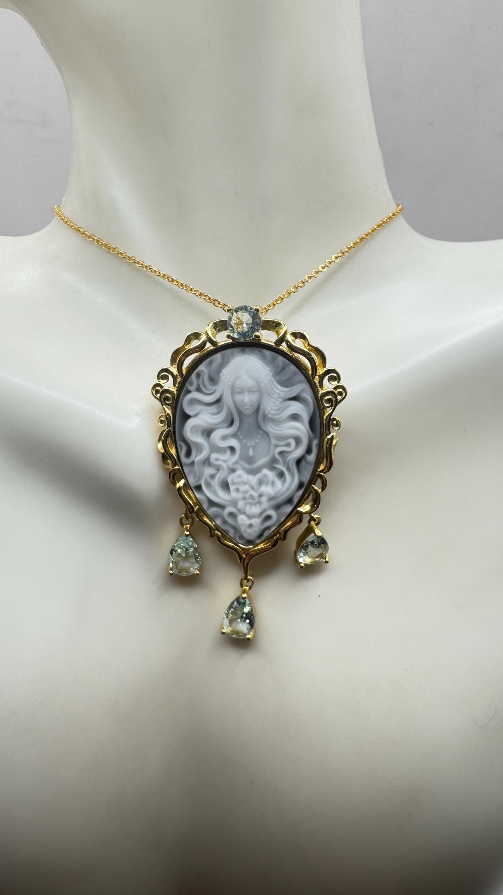 Vintage Moon Goddess Onyx Cameo Gold 925 Sterling Silver Necklace Pin Brooch