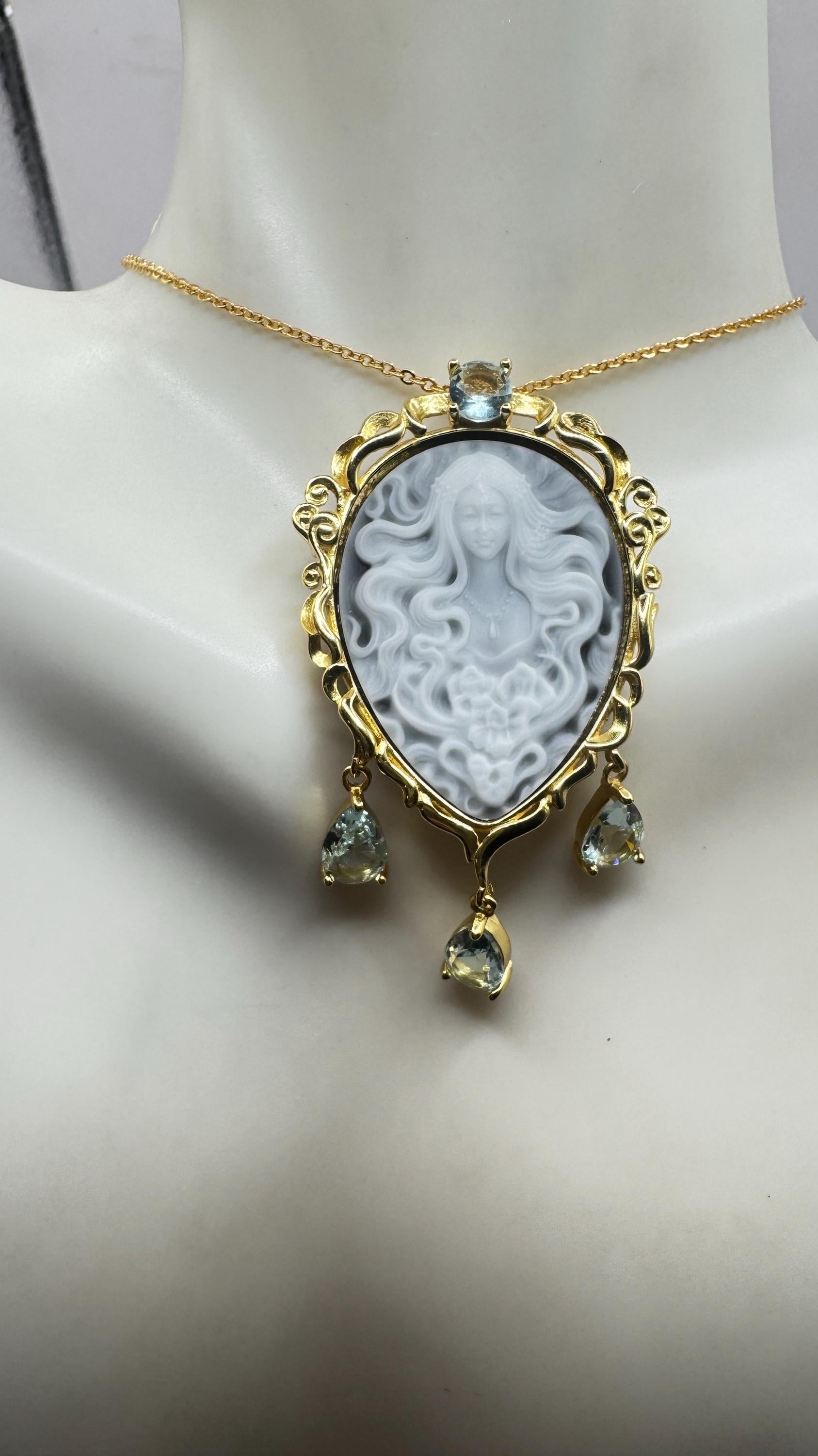 Vintage Moon Goddess Onyx Cameo Gold 925 Sterling Silver Necklace Pin Brooch