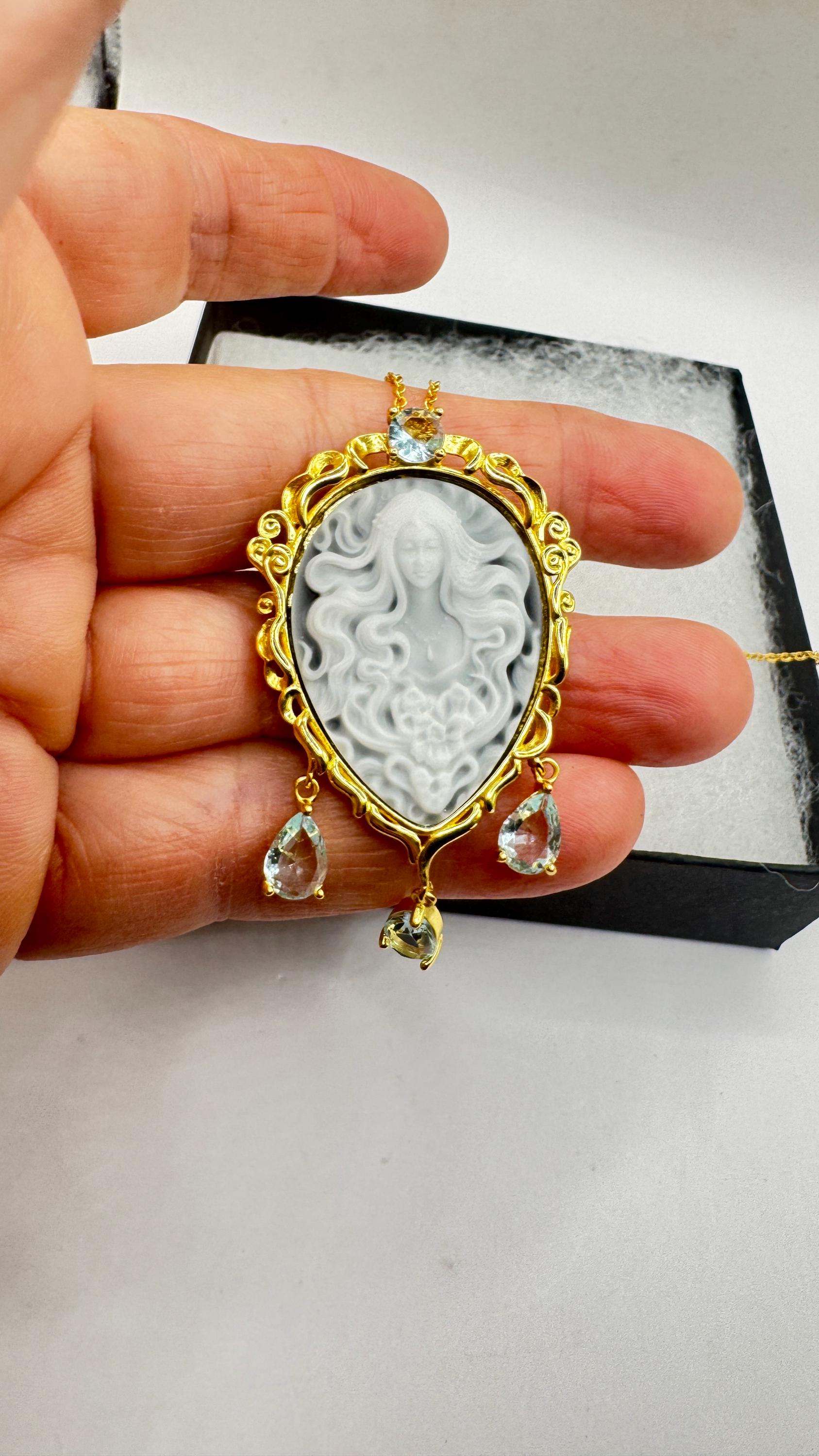 Vintage Moon Goddess Onyx Cameo Gold 925 Sterling Silver Necklace Pin Brooch