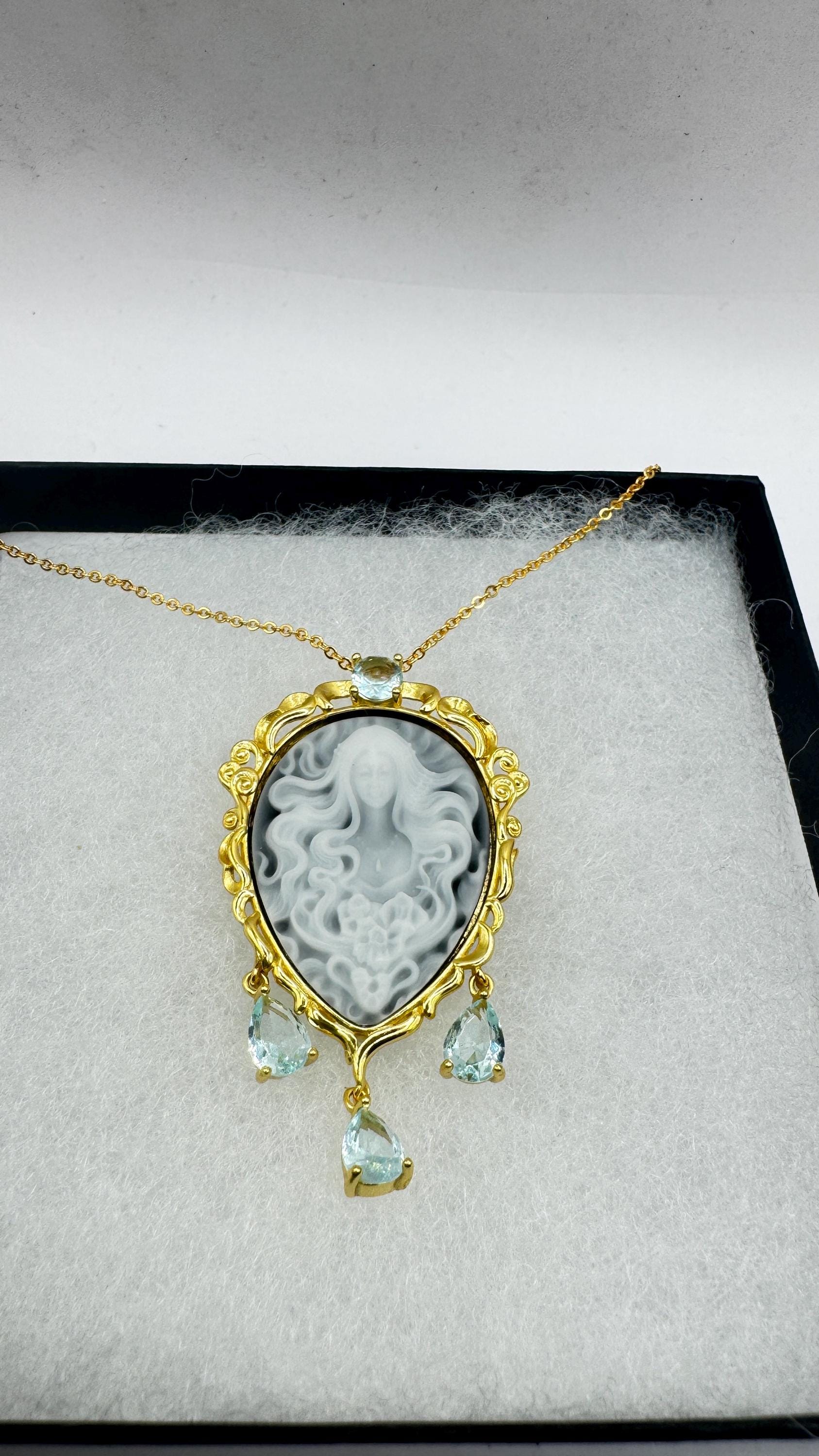 Vintage Moon Goddess Onyx Cameo Gold 925 Sterling Silver Necklace Pin Brooch