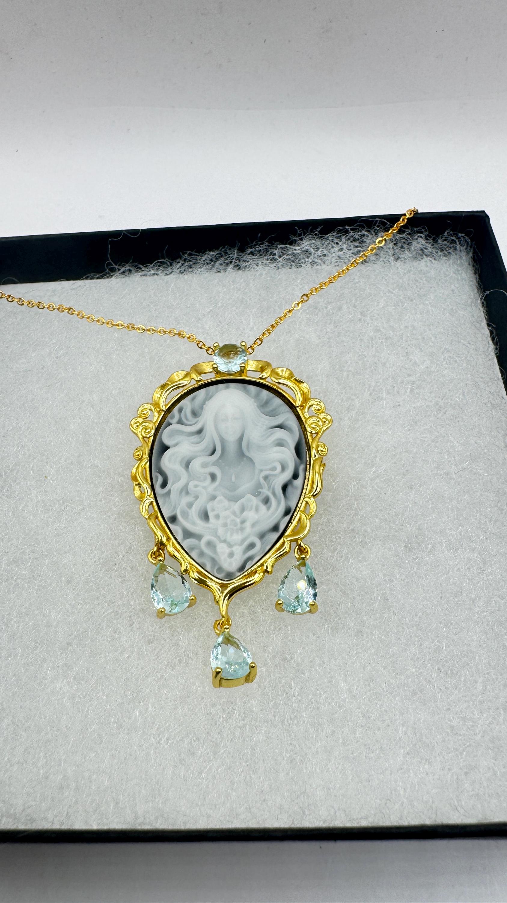 Vintage Moon Goddess Onyx Cameo Gold 925 Sterling Silver Necklace Pin Brooch