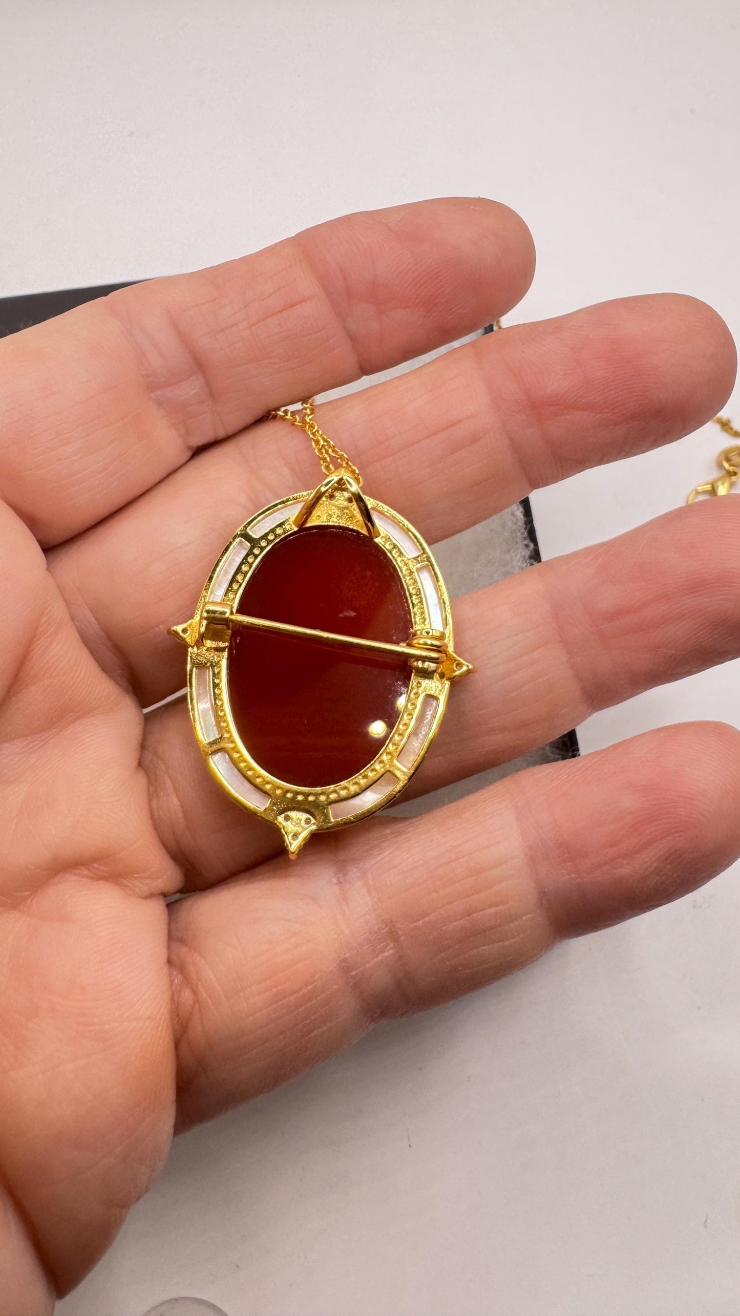 Vintage mother and child Onyx Cameo Choker gold 925 Sterling Silver Necklace Pin Brooch