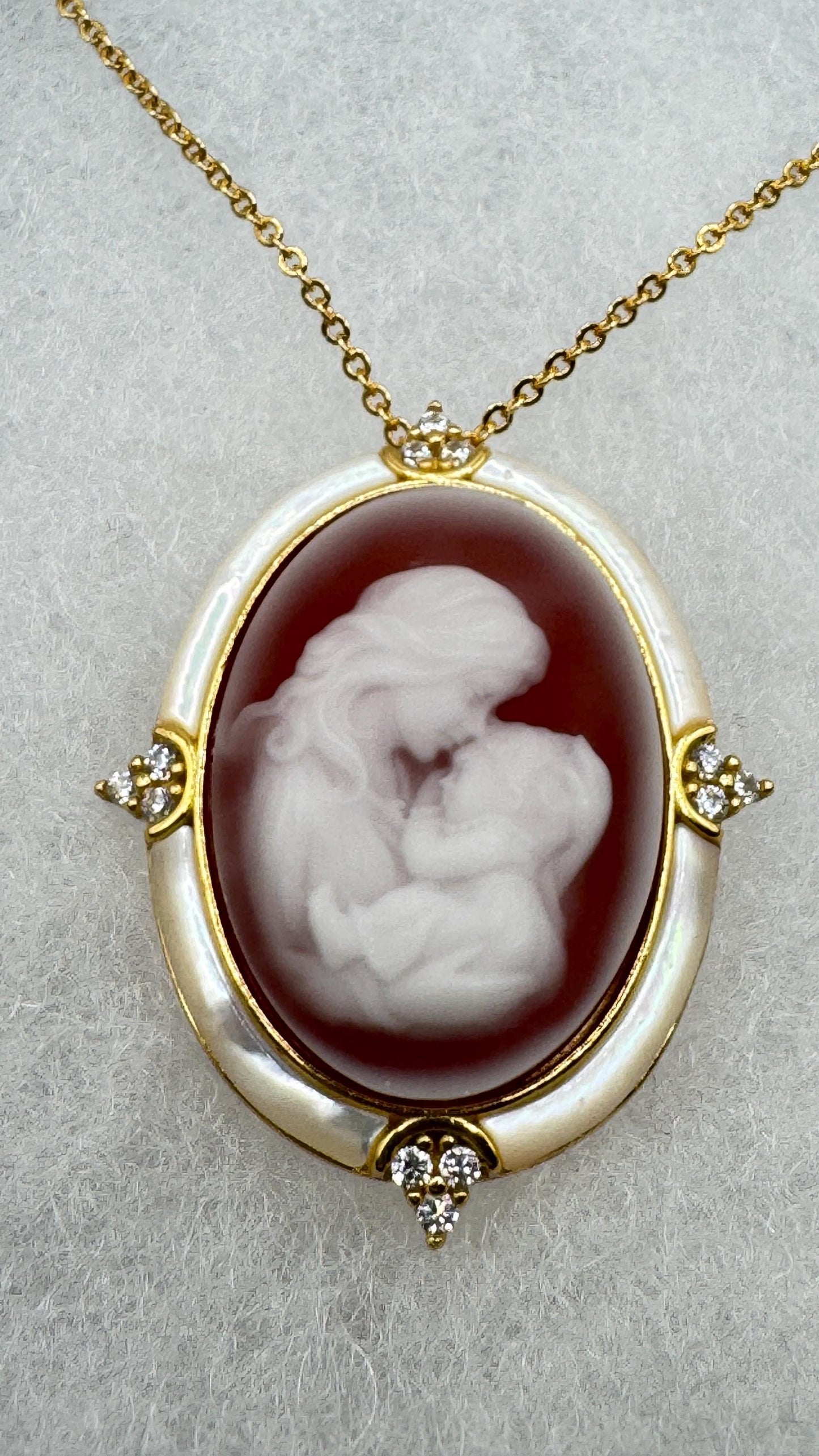 Vintage mother and child Onyx Cameo Choker gold 925 Sterling Silver Necklace Pin Brooch