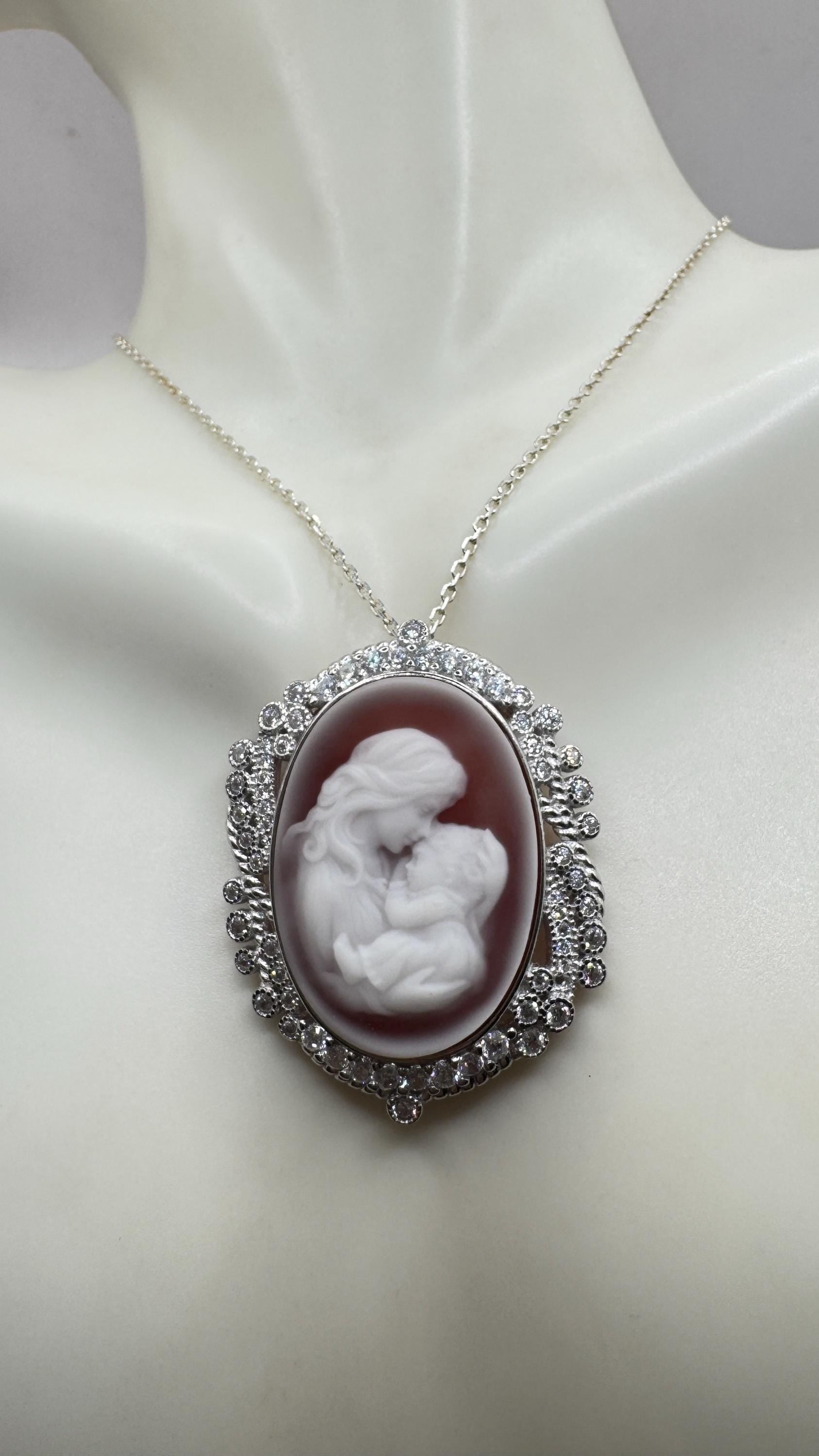 Vintage mother and child Onyx Cameo Choker gold 925 Sterling Silver Necklace Pin Brooch