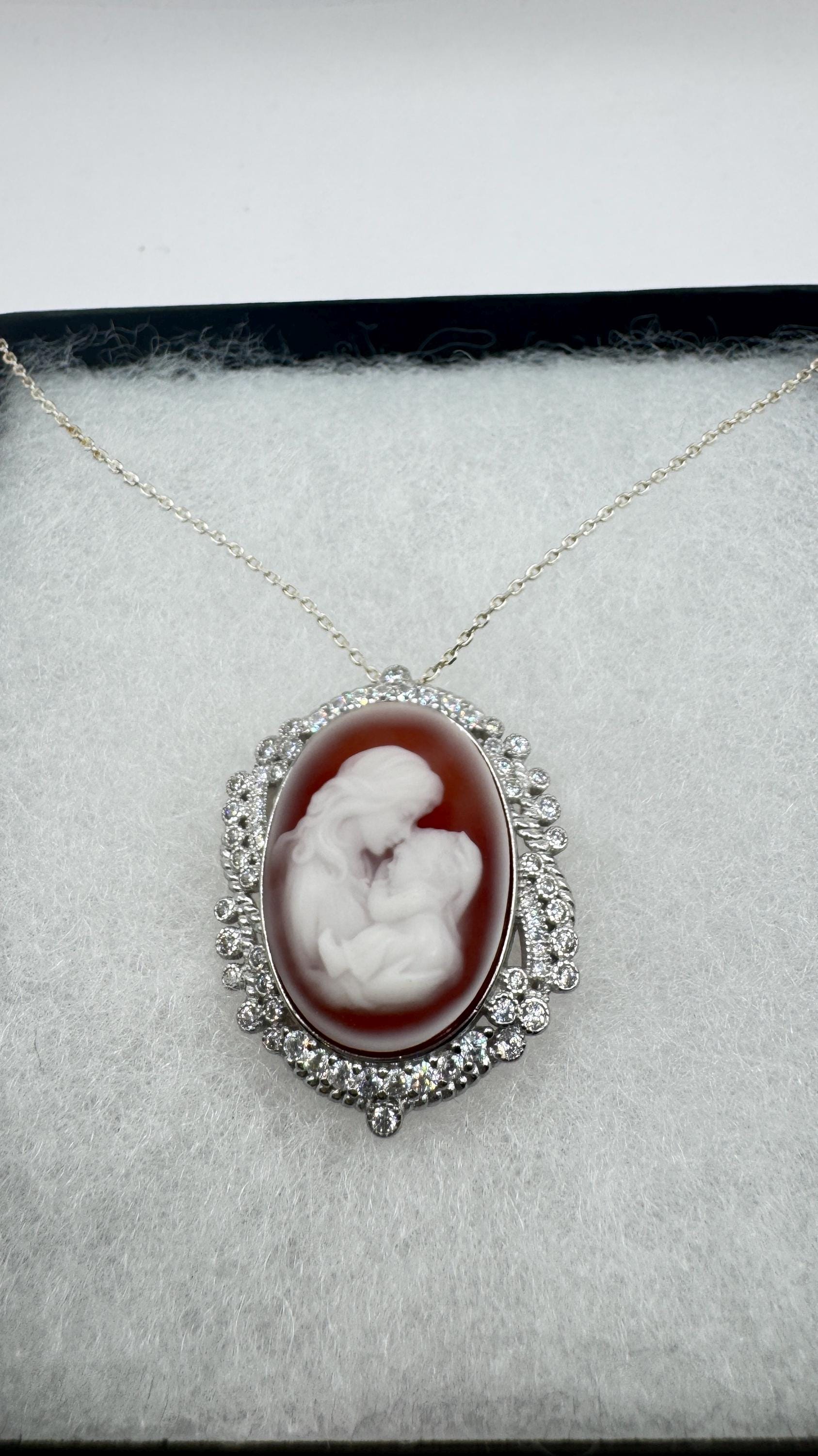 Vintage mother and child Onyx Cameo Choker gold 925 Sterling Silver Necklace Pin Brooch