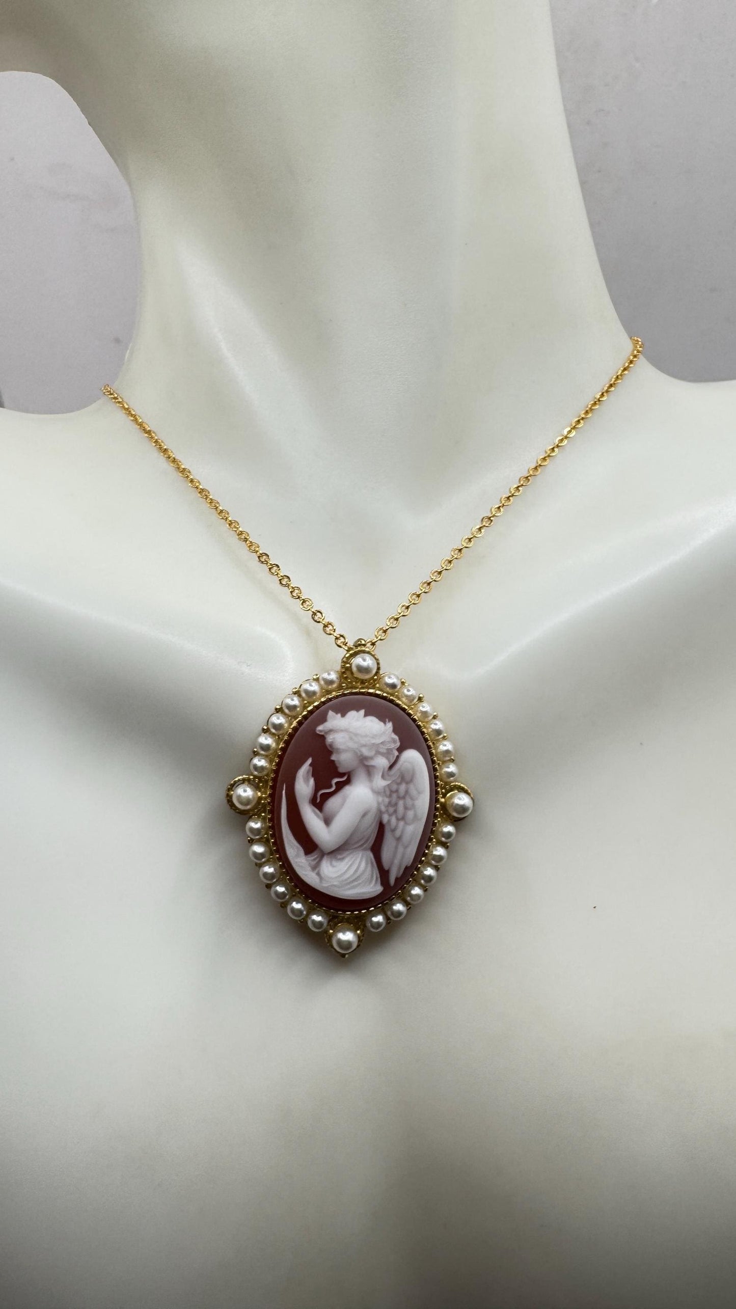 Vintage Gaurdian Angel Onyx Cameo Gold 925 Sterling silver Necklace Choker