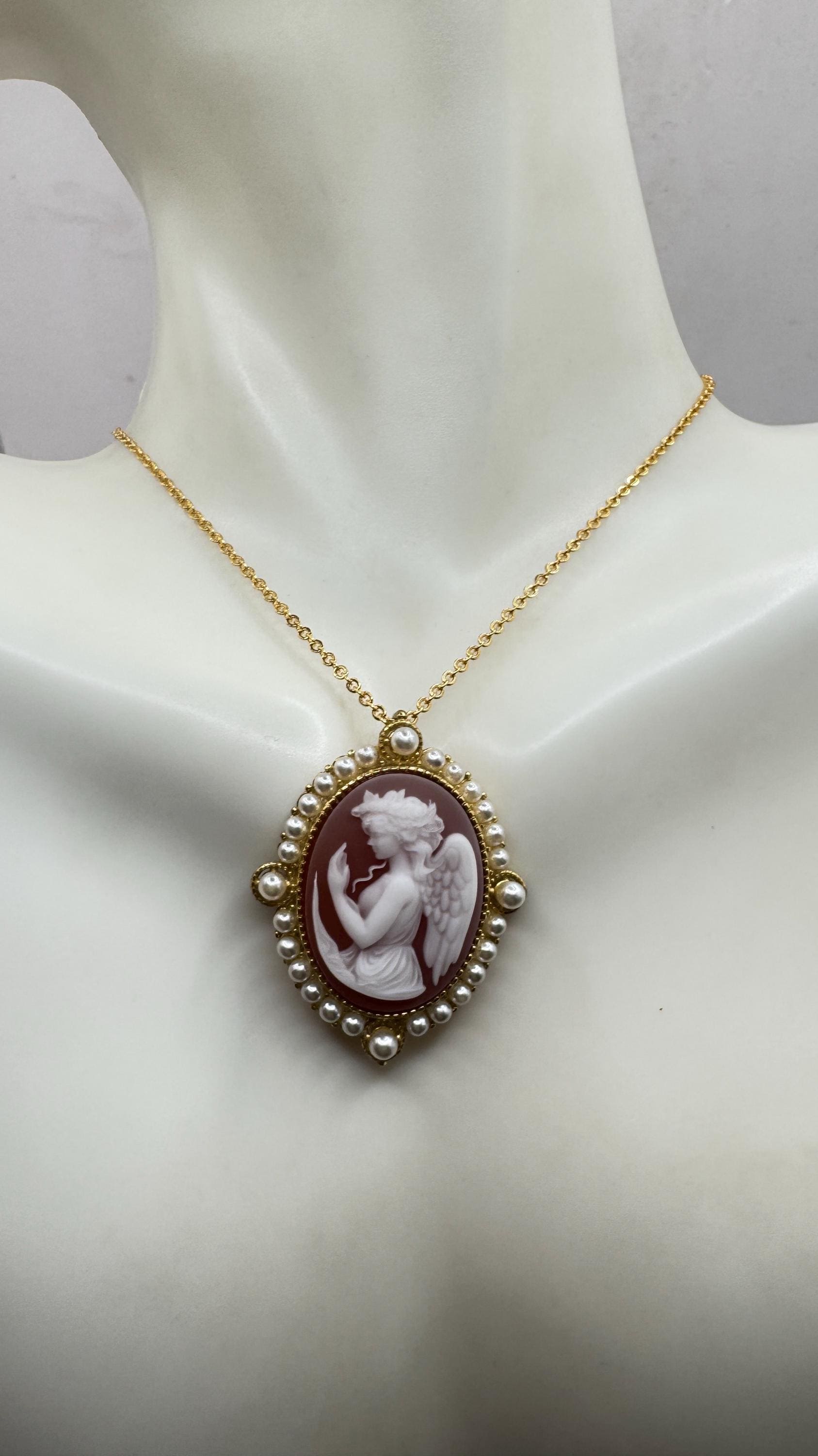 Vintage Gaurdian Angel Onyx Cameo Gold 925 Sterling silver Necklace Choker