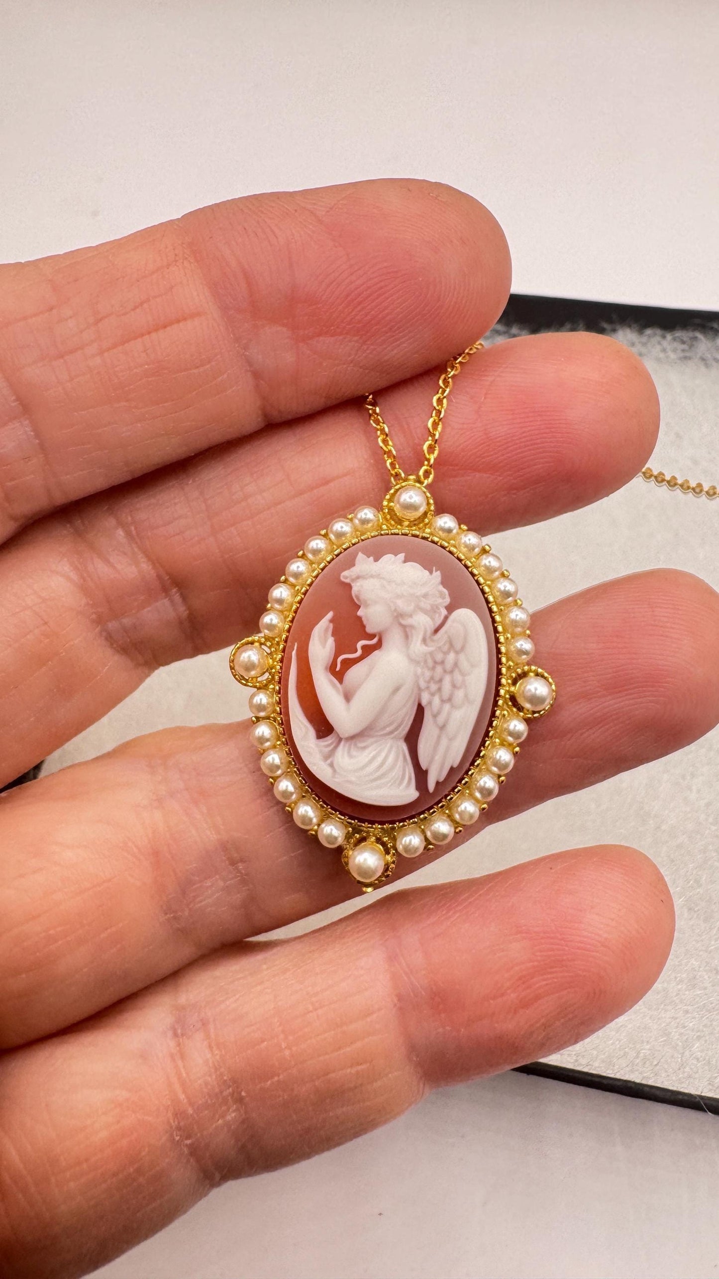 Vintage Gaurdian Angel Onyx Cameo Gold 925 Sterling silver Necklace Choker