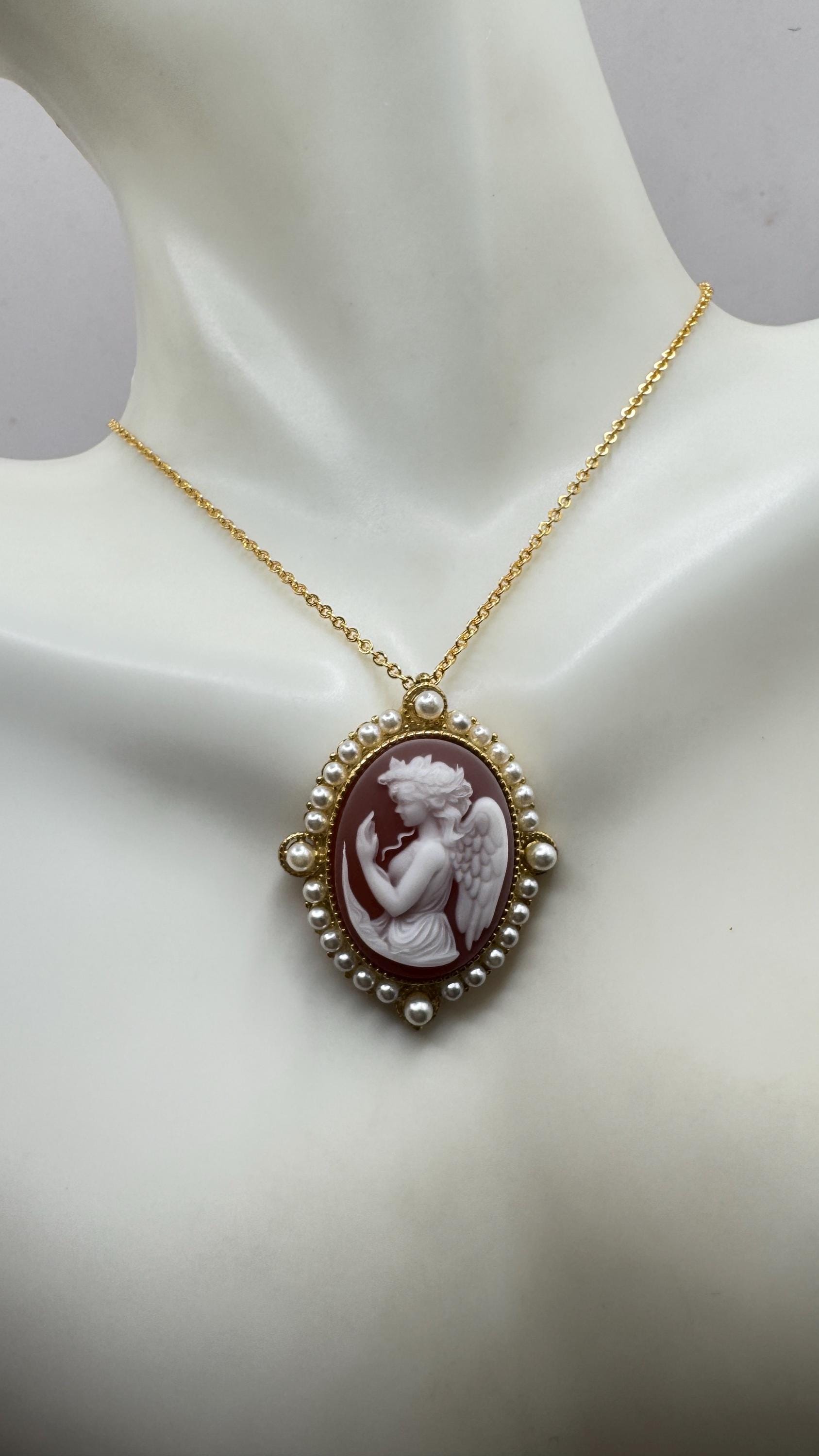 Vintage Gaurdian Angel Onyx Cameo Gold 925 Sterling silver Necklace Choker