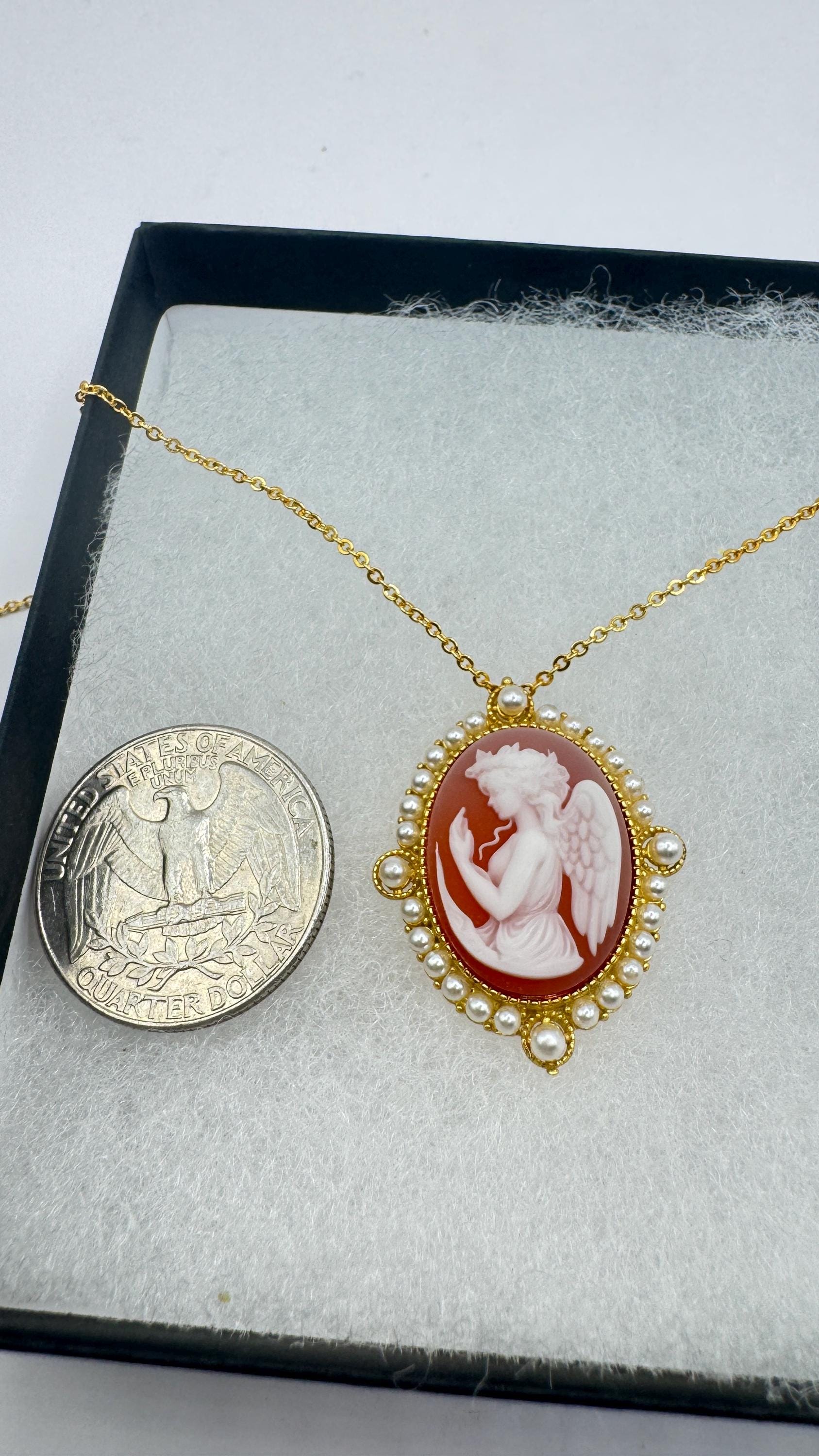 Vintage Gaurdian Angel Onyx Cameo Gold 925 Sterling silver Necklace Choker