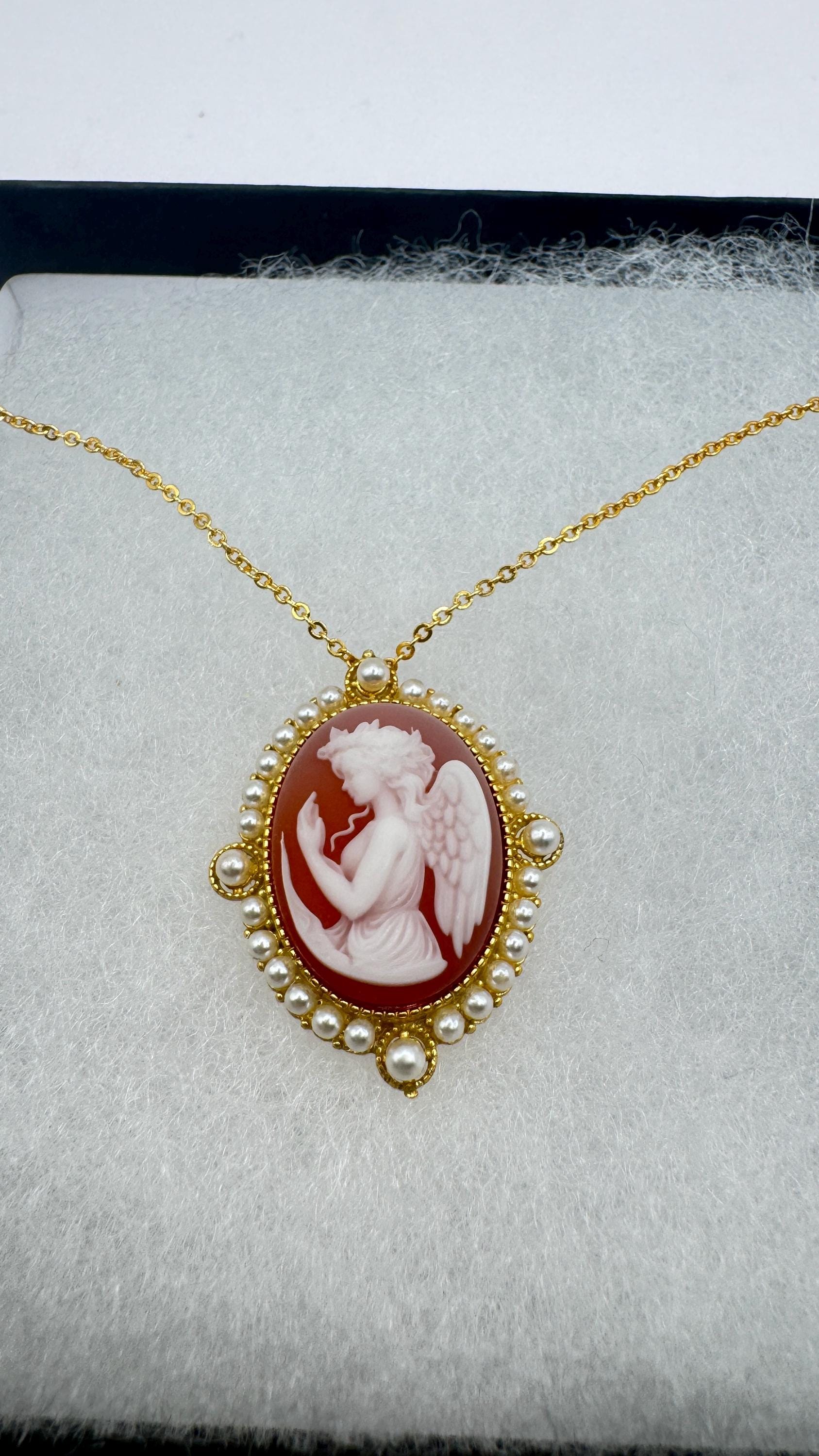 Vintage Gaurdian Angel Onyx Cameo Gold 925 Sterling silver Necklace Choker
