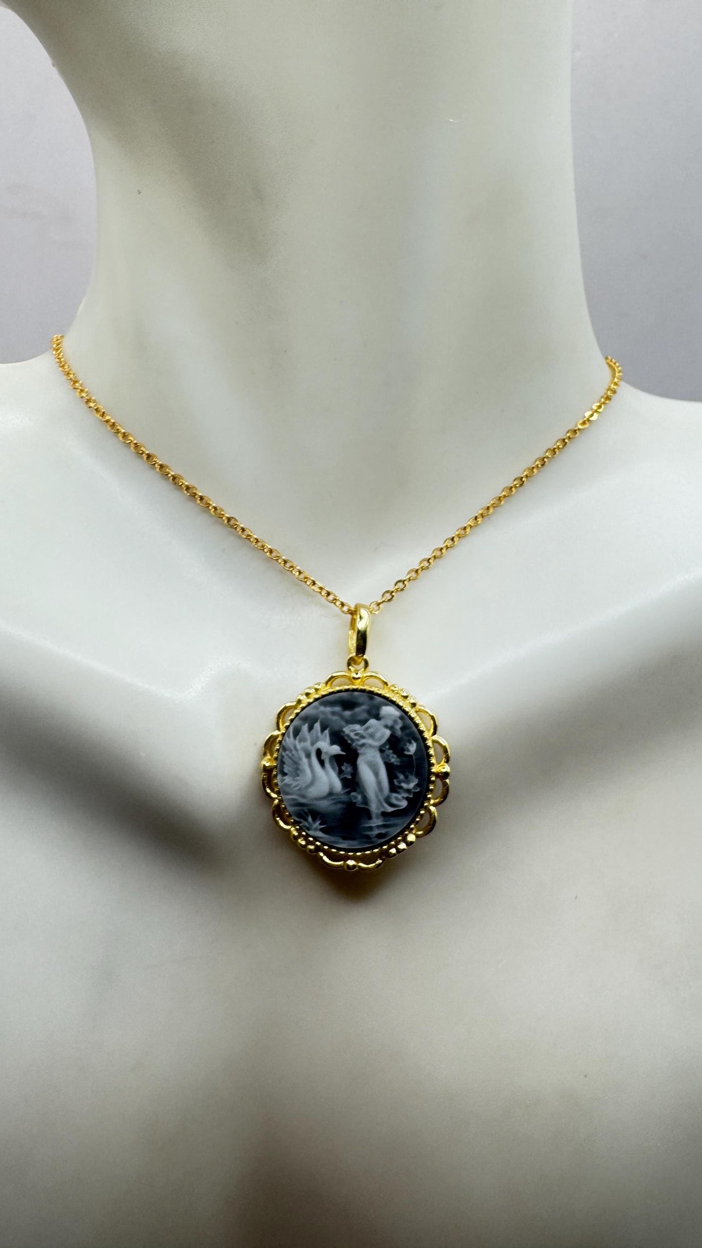 Vintage Leda and Swans Cameo Gold 925 Sterling Silver Necklace Choker