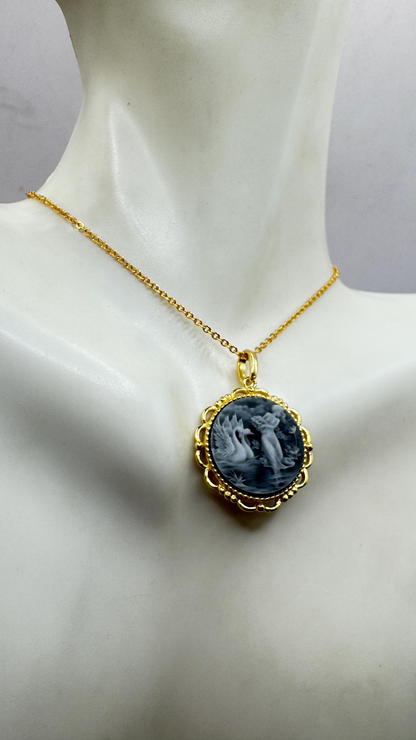 Vintage Leda and Swans Cameo Gold 925 Sterling Silver Necklace Choker