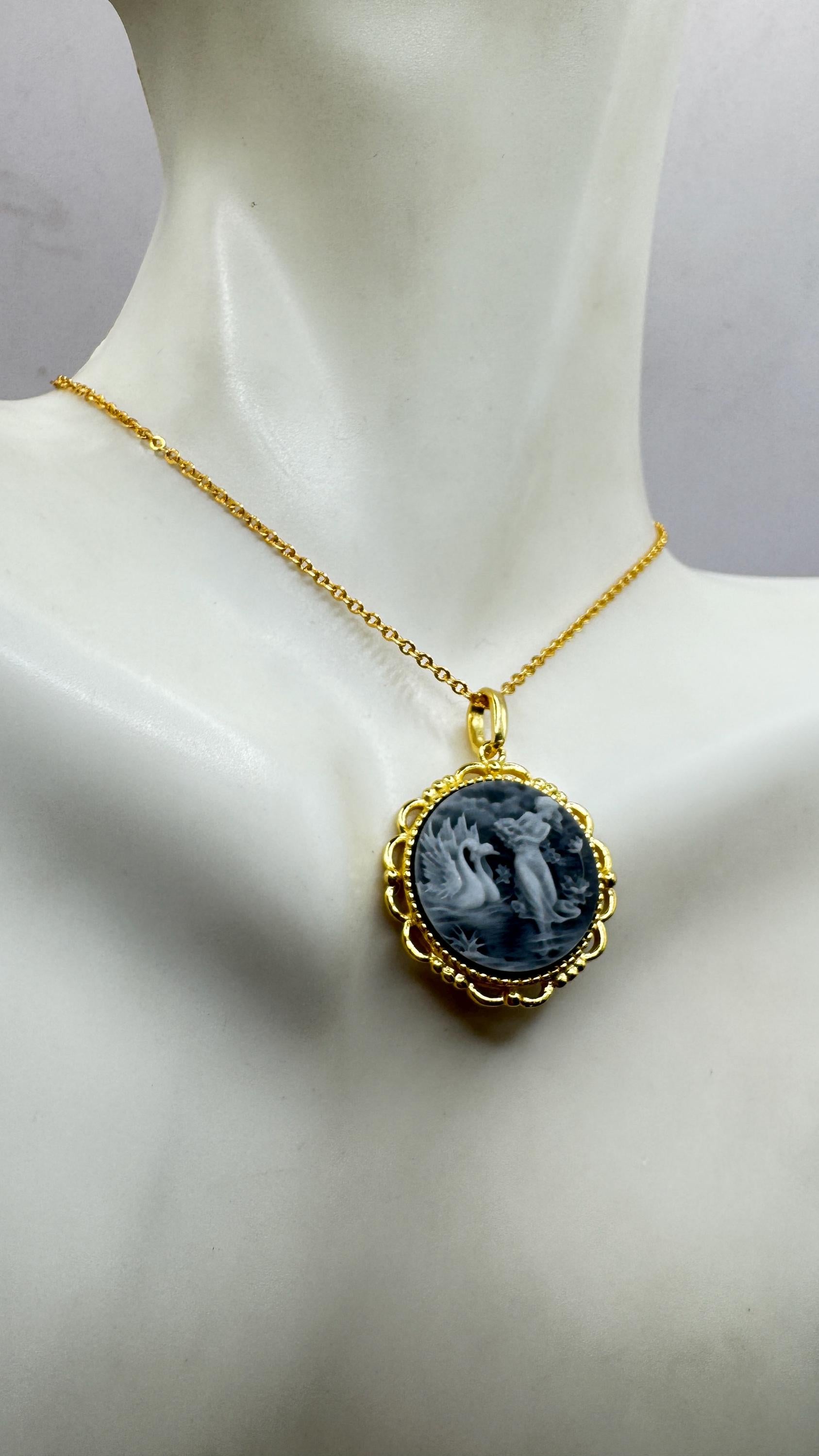 Vintage Leda and Swans Cameo Gold 925 Sterling Silver Necklace Choker