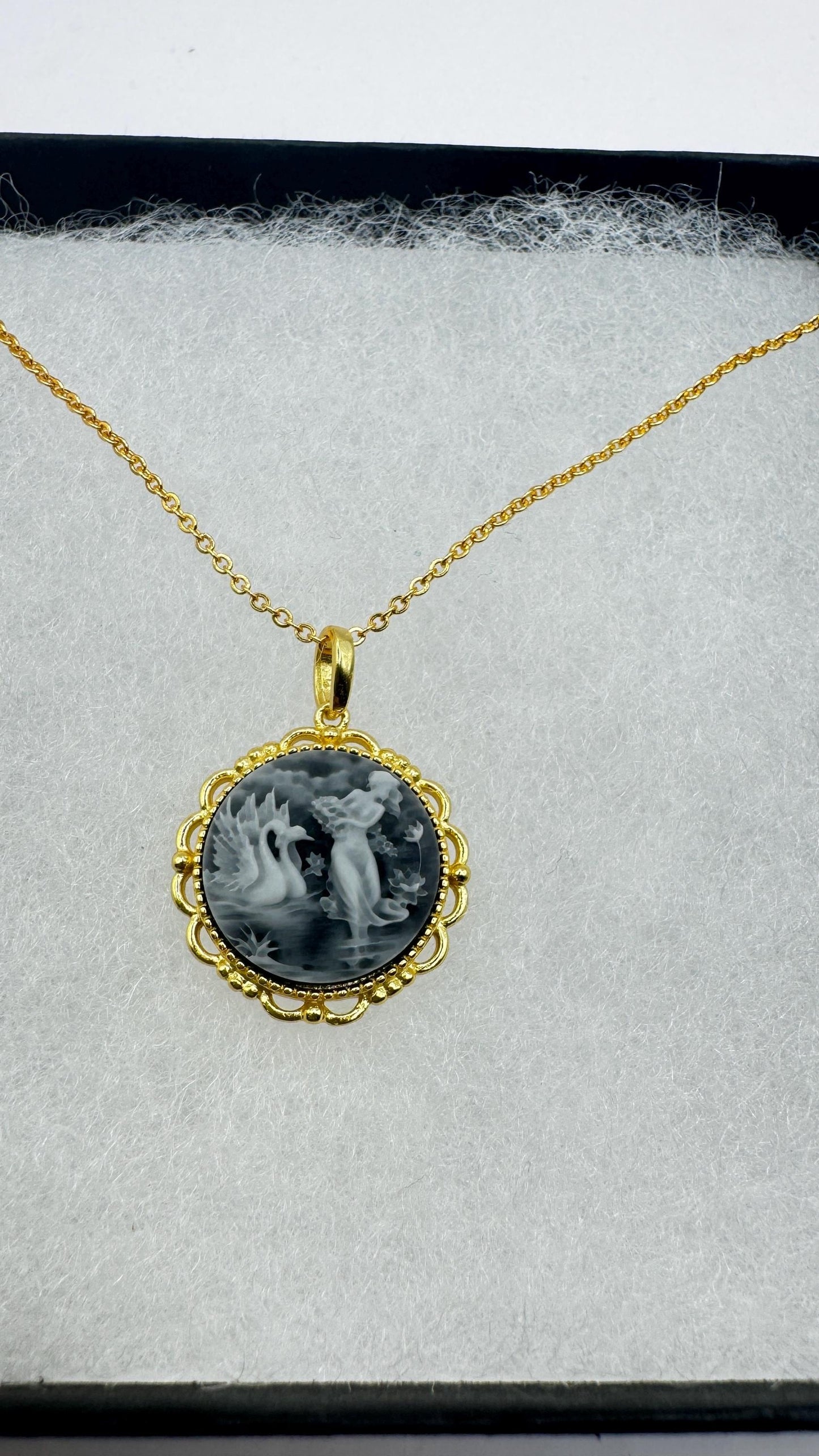 Vintage Leda and Swans Cameo Gold 925 Sterling Silver Necklace Choker