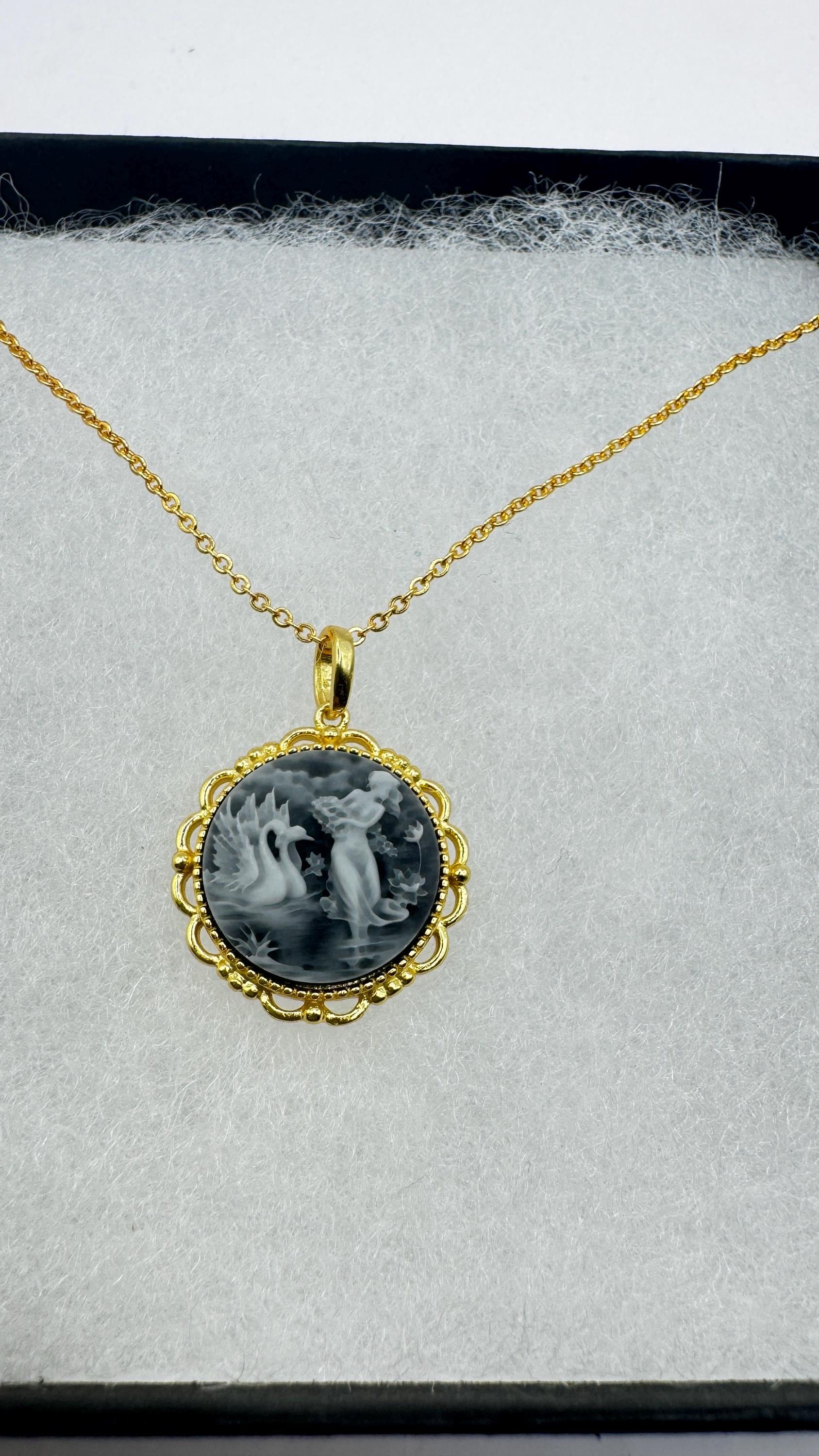 Vintage Leda and Swans Cameo Gold 925 Sterling Silver Necklace Choker