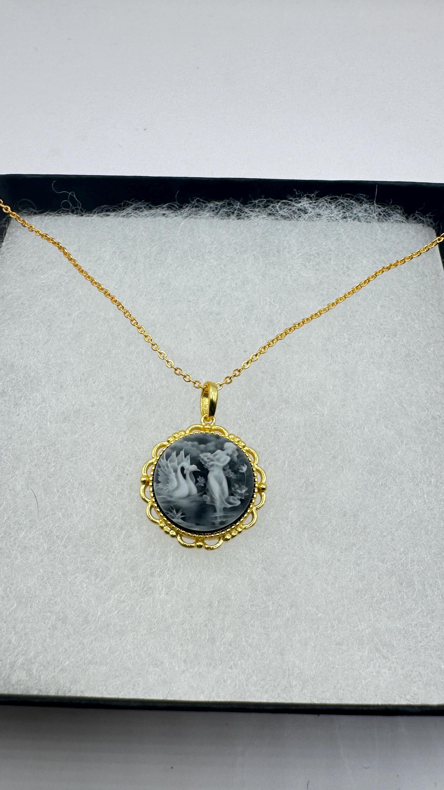 Vintage Leda and Swans Cameo Gold 925 Sterling Silver Necklace Choker