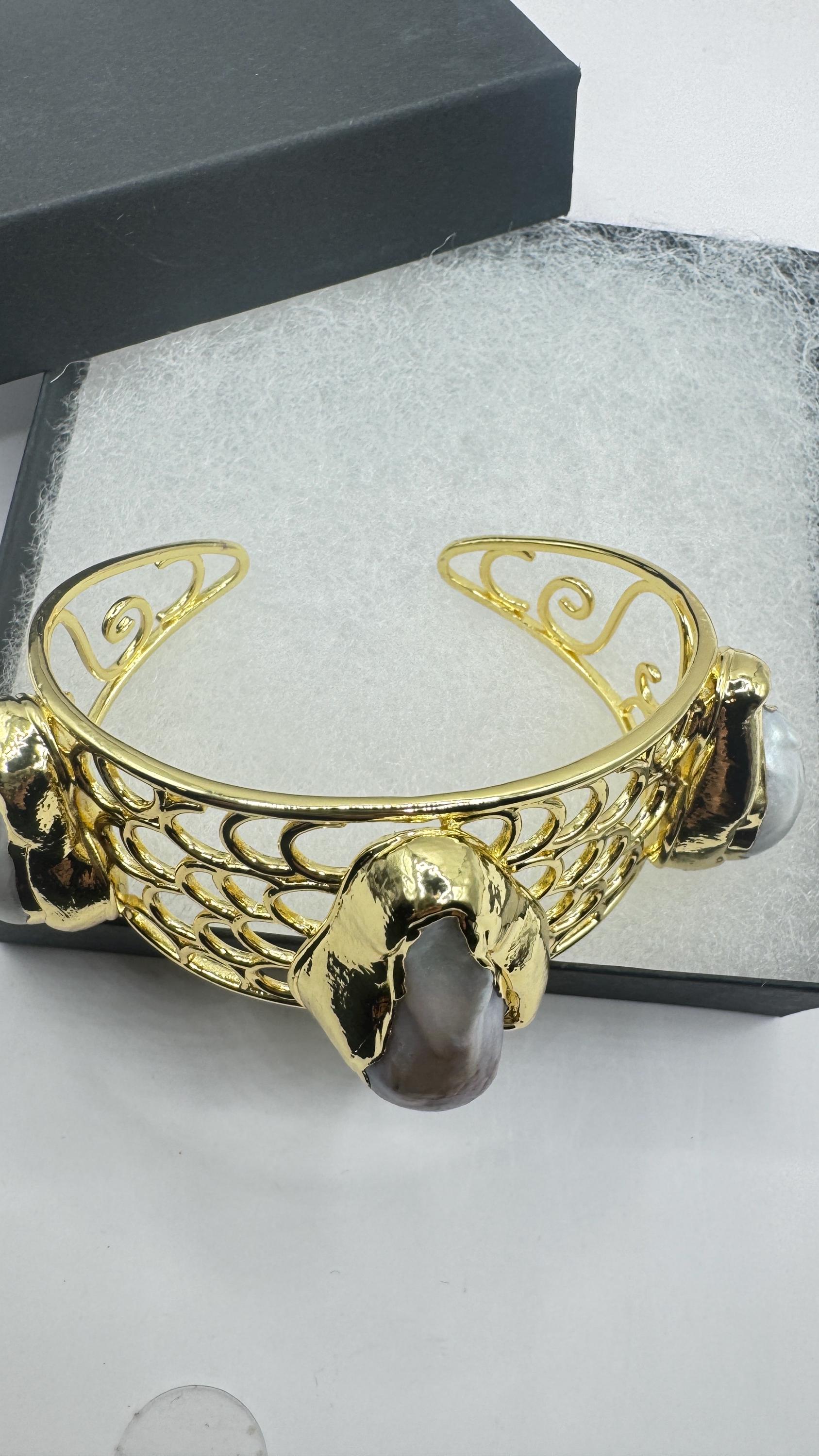 Vintage Pearl Cuff Bangle Bracelet Gold 925 Sterling Silver Hand Made