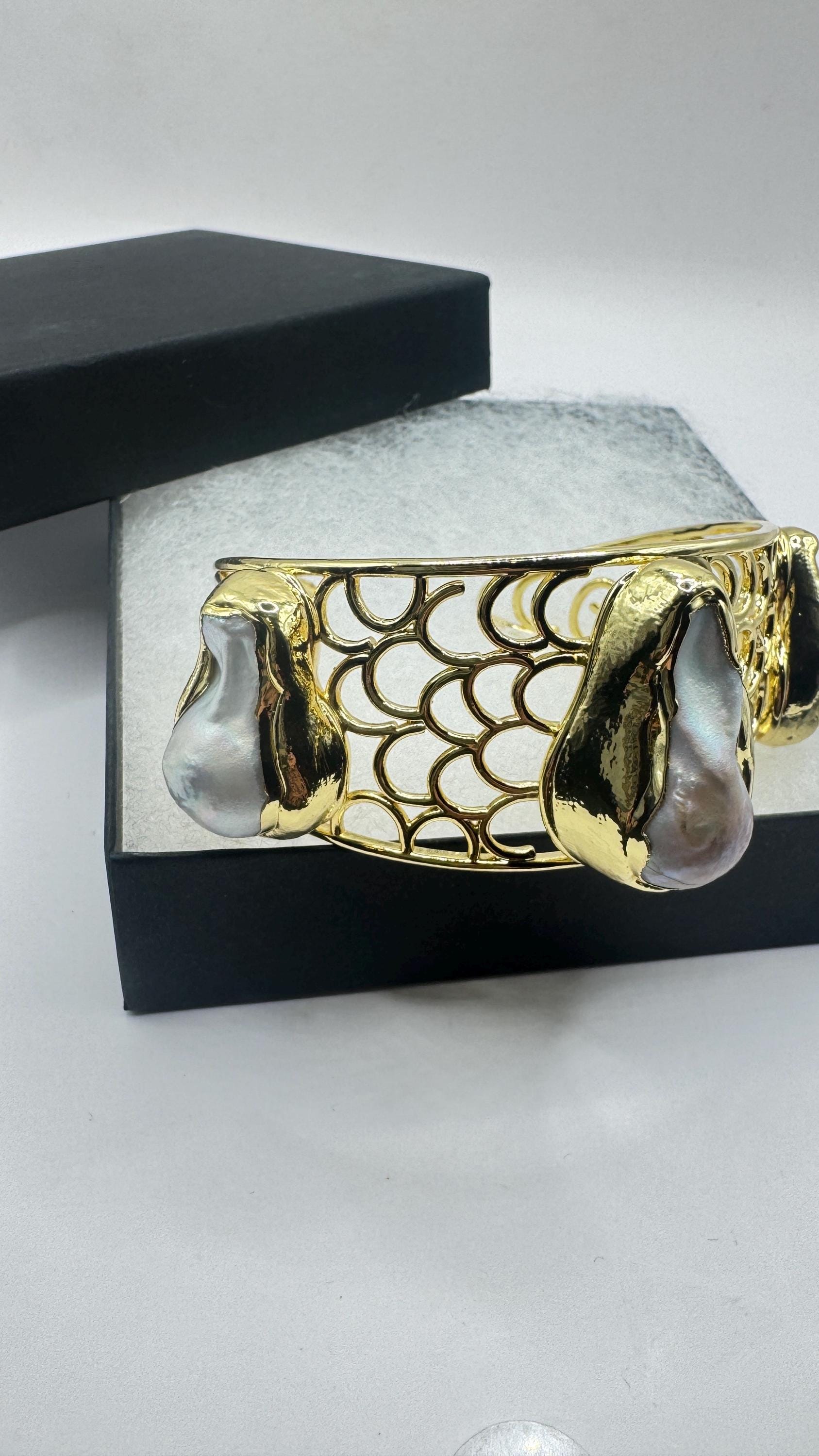 Vintage Pearl Cuff Bangle Bracelet Gold 925 Sterling Silver Hand Made