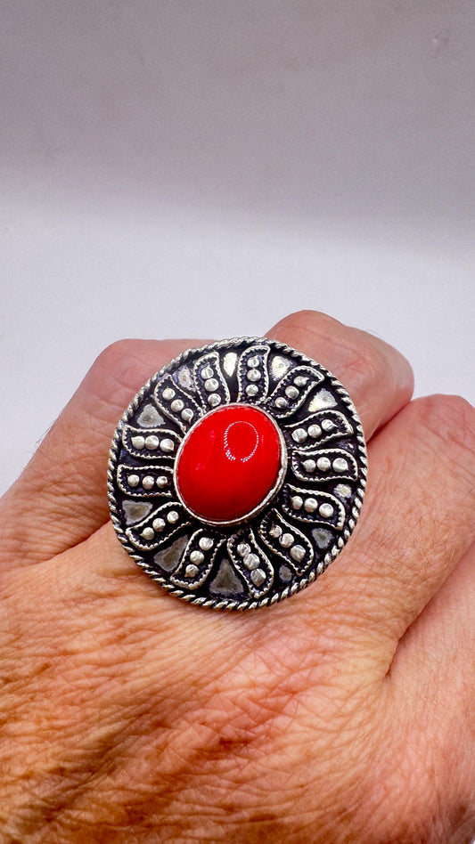 Vintage Red Coral Cocktail Boho Ring