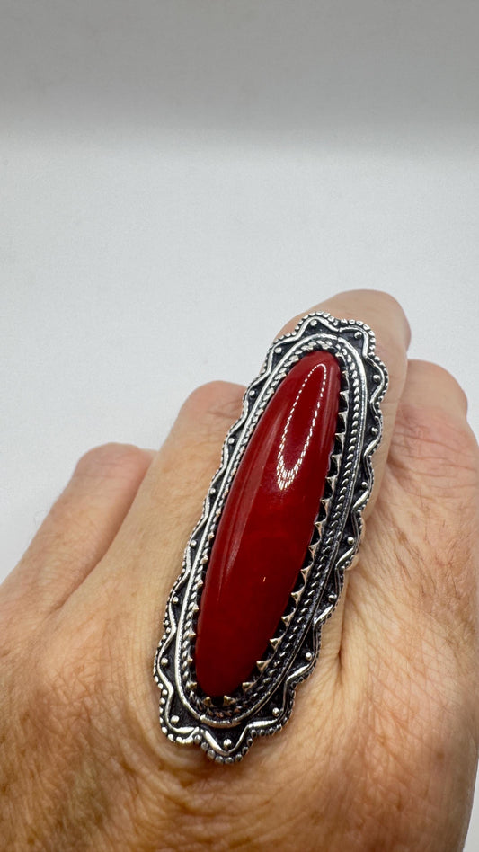 Vintage Red Coral Cocktail Boho Ring