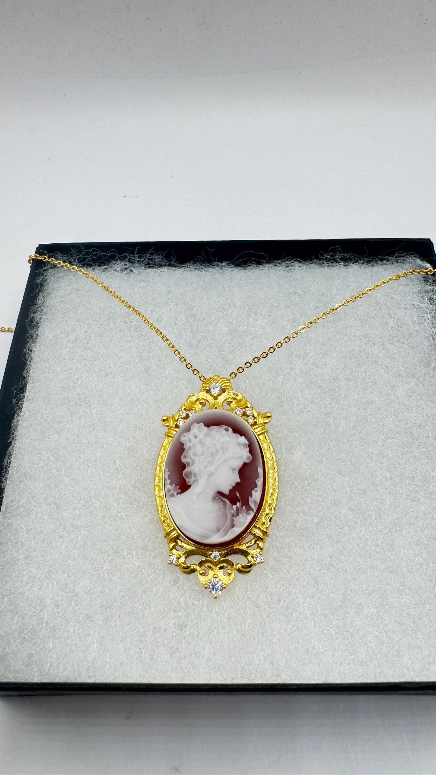 Vintage Red Onyx Cameo Gold 925 Sterling silver Necklace Choker