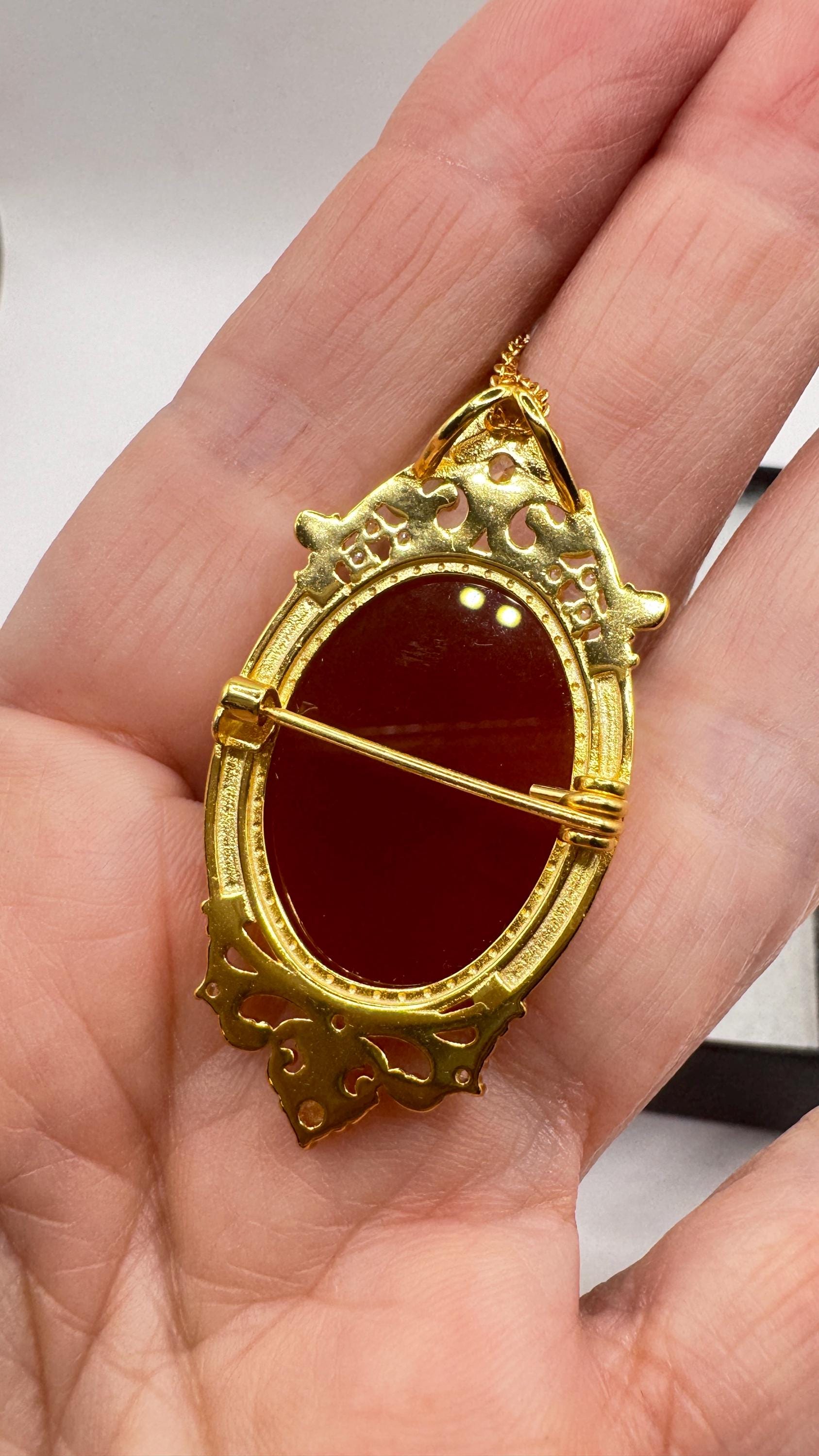 Vintage Red Onyx Cameo Gold 925 Sterling silver Necklace Choker