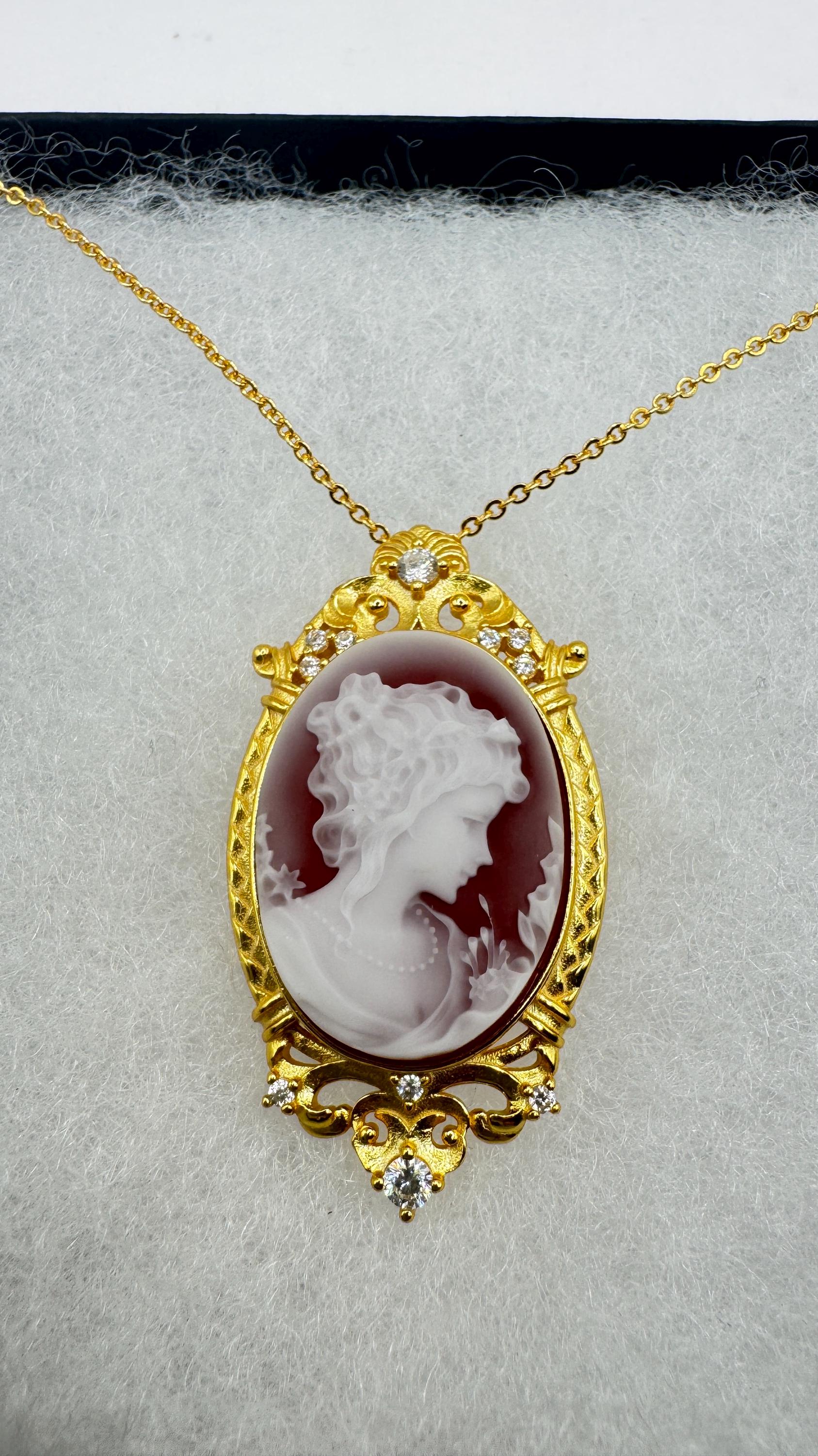 Vintage Red Onyx Cameo Gold 925 Sterling silver Necklace Choker