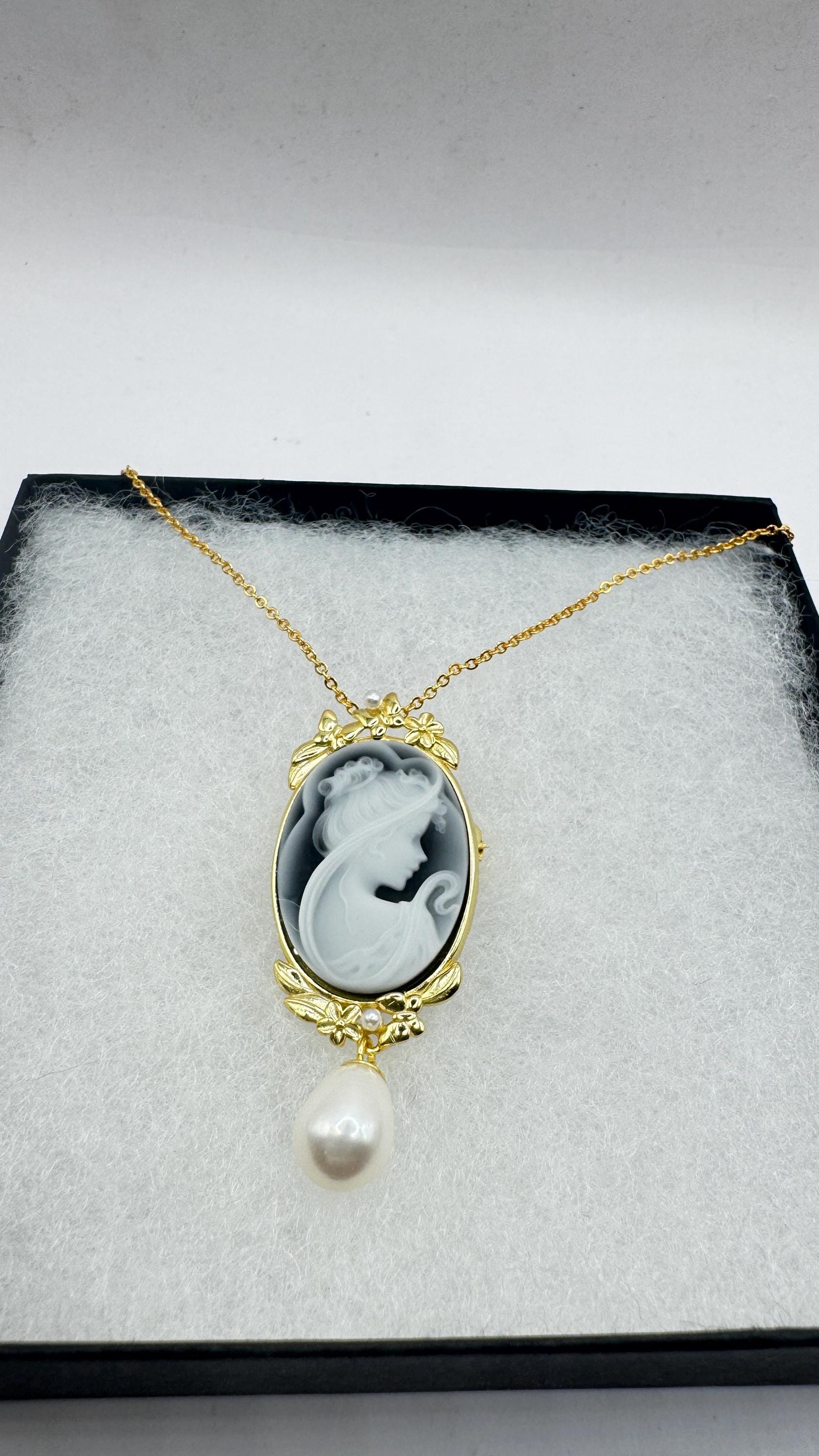 Vintage Onyx Cameo Gold 925 Sterling silver Necklace Choker