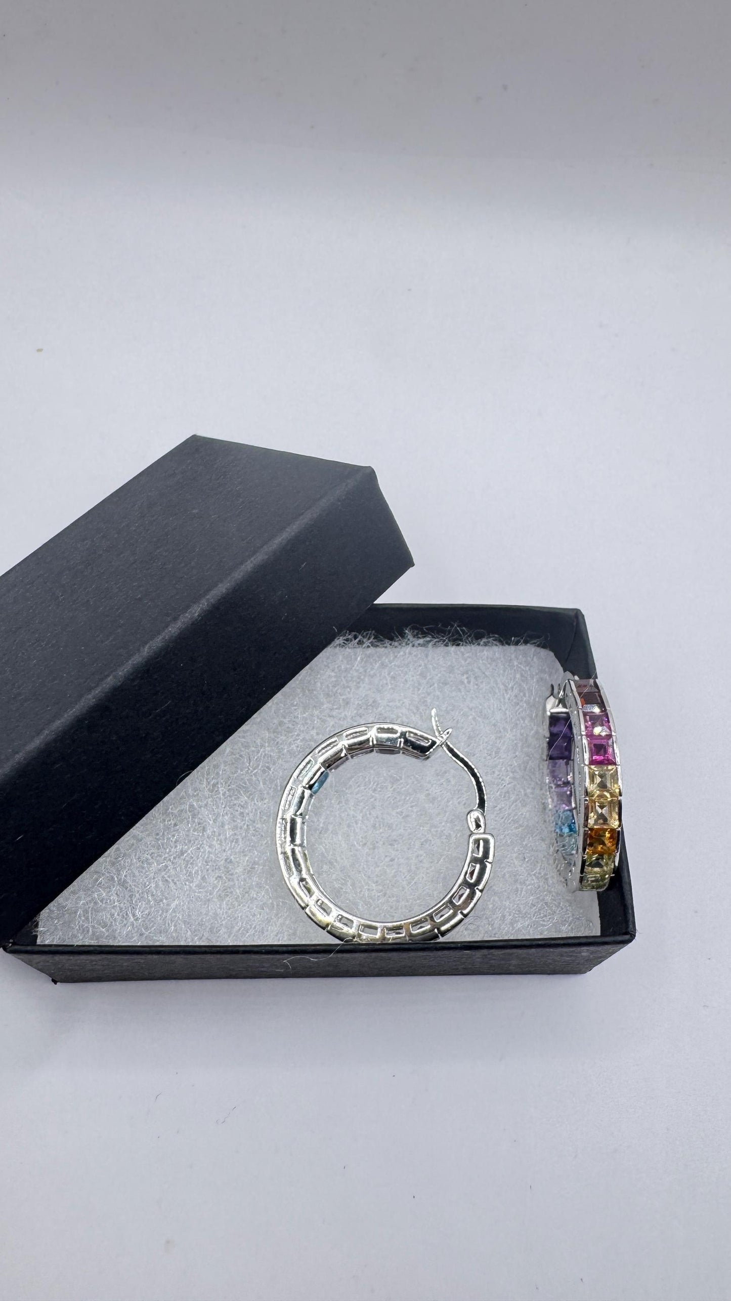 Vintage Gemstone Hoop Earrings 925 Sterling Silver