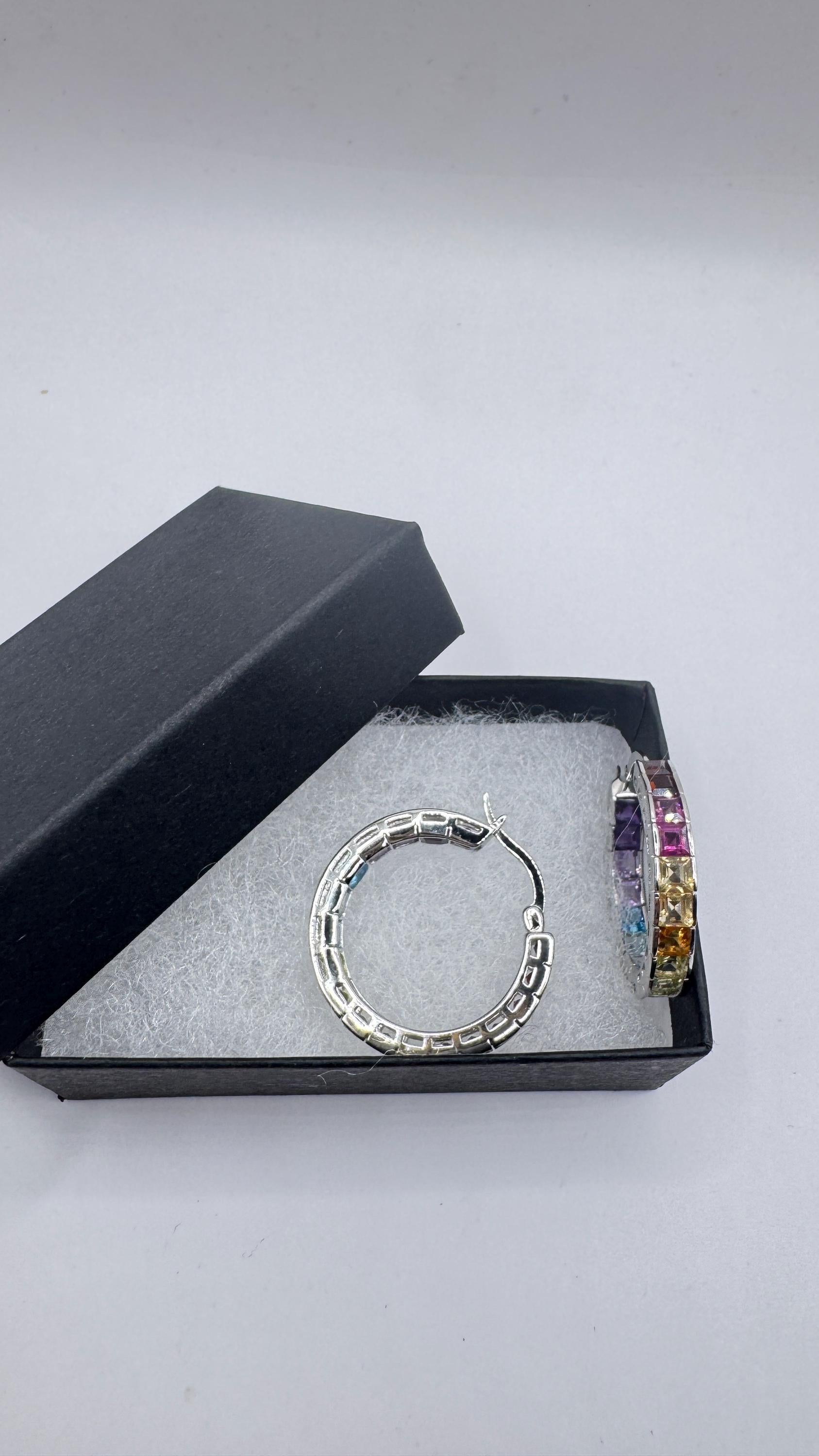 Vintage Gemstone Hoop Earrings 925 Sterling Silver